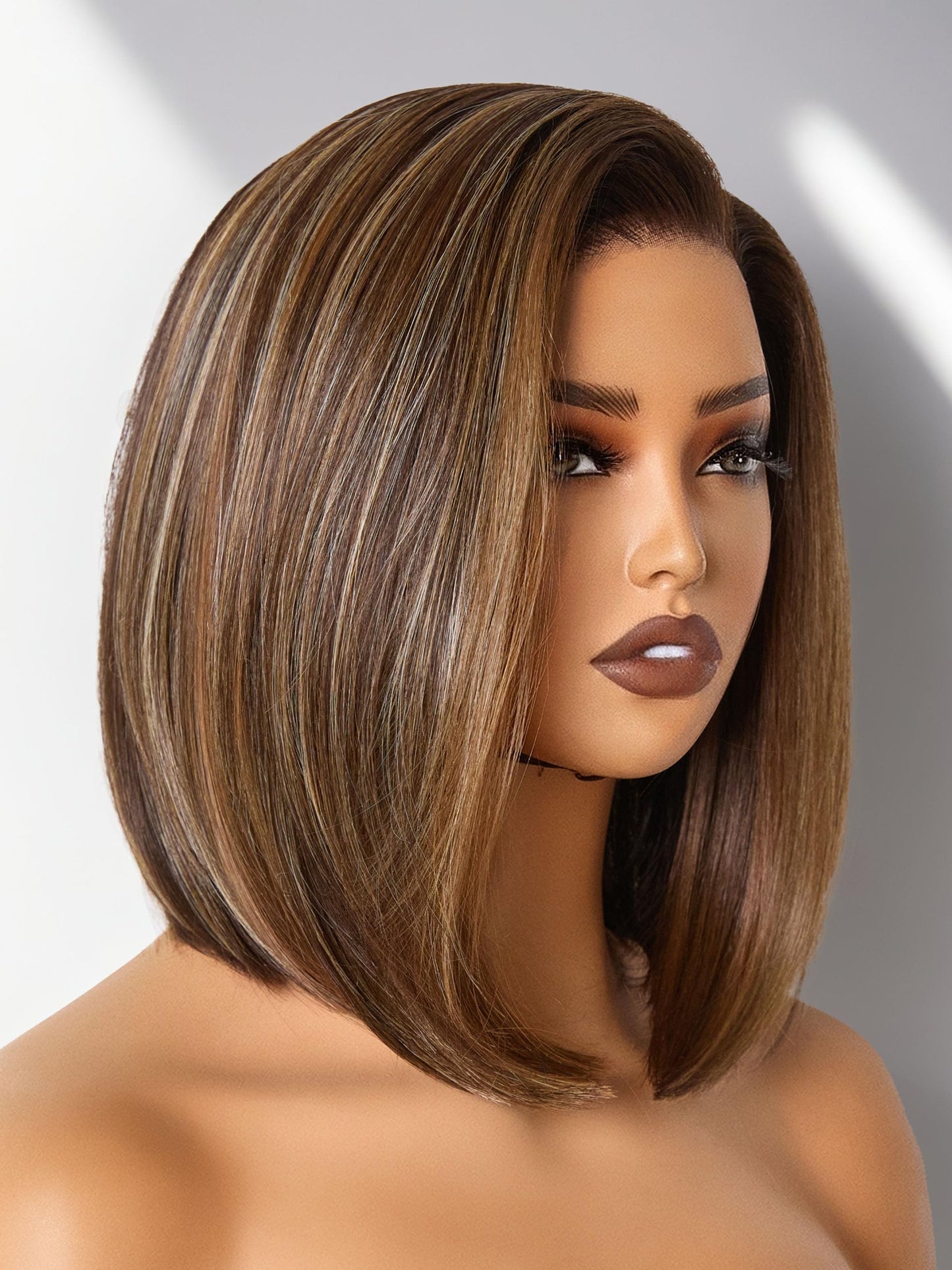 GORGIUS Blonde Bob Wig with Highlights Glueless Straight Short Synthetic Lace Front Wigs For Women Pre Cut Pre Plucked Side Part Hairline 12 Inch