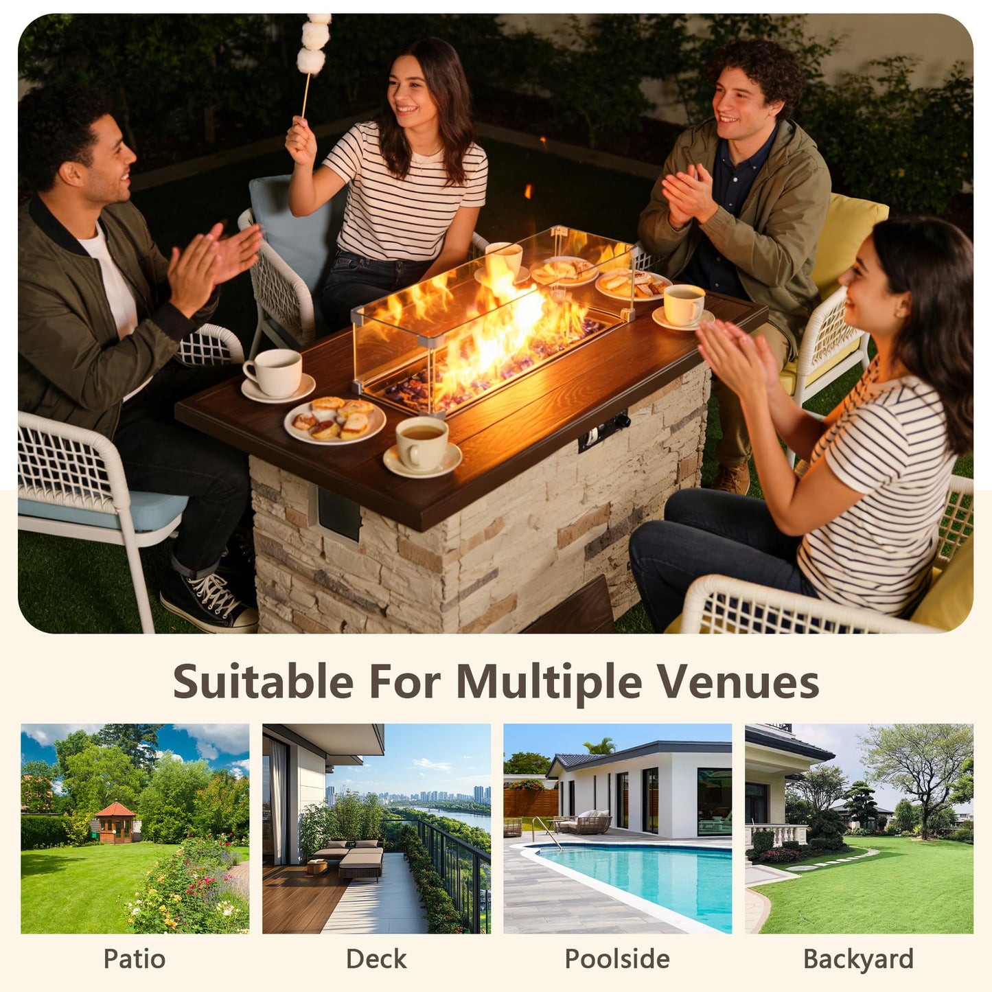 43 Inch Outdoor Firepit Table 50,000 BTU Propane Gas Fire Pit | Rectangle Stone Fire Table with Glass Wind Guard, Rain Cover, Fire Stones and Removable Lid, CSA Certified (Brown)