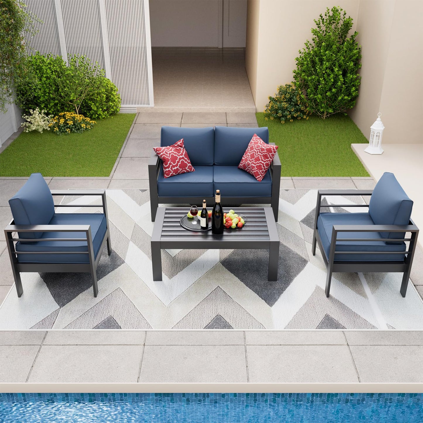 Amopatio Aluminum Patio Furniture Set, 6 Pieces Modern Outdoor Furniture | Outdoor Sectional with Coffee Table, Included Waterproof Covers, for Balcony, Garden, White&Blue