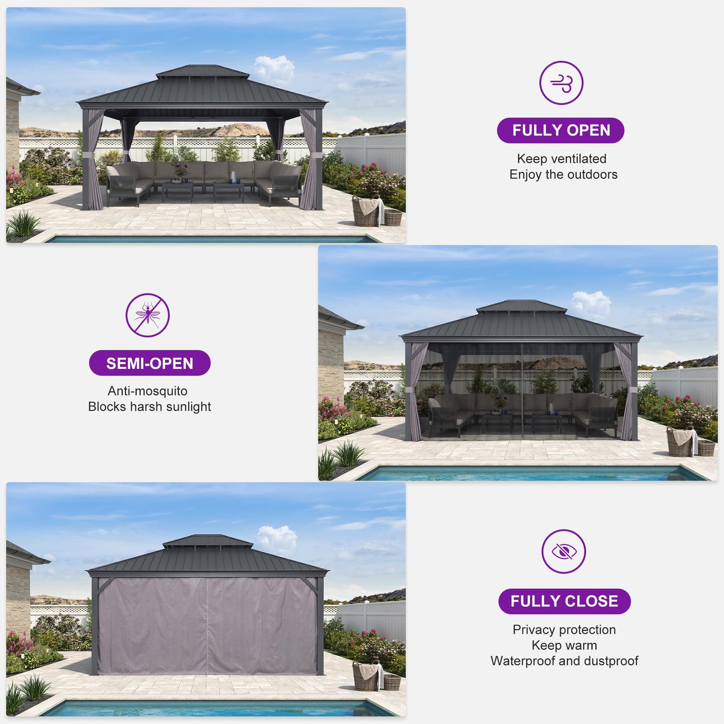 PURPLE LEAF Large Gazebo 12' X 24' with Galvanized Steel, Gray | 4.7" Thick Post, Built in Drainage, Windproof Cool Breeze, Snowproof & Rustproof, 260 GSM Textilene Netting, Fit Any Yard