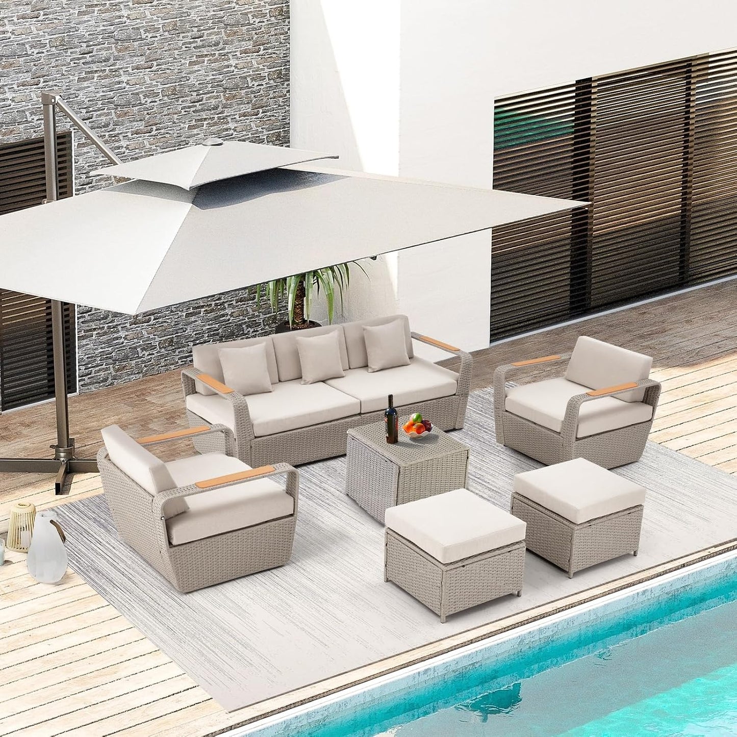 Patio Furniture Set, Oversized 7-Seat Outdoor Sectional with Ottoman and Coffee Table, Wicker Rattan Patio Sofa Set with 5" Thick Removable Cushions for Garden, Porch, Backyard, Light Gray