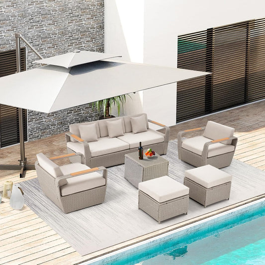 Patio Furniture Set, Oversized 7-Seat Outdoor Sectional with Ottoman and Coffee Table, Wicker Rattan Patio Sofa Set with 5" Thick Removable Cushions for Garden, Porch, Backyard, Light Gray