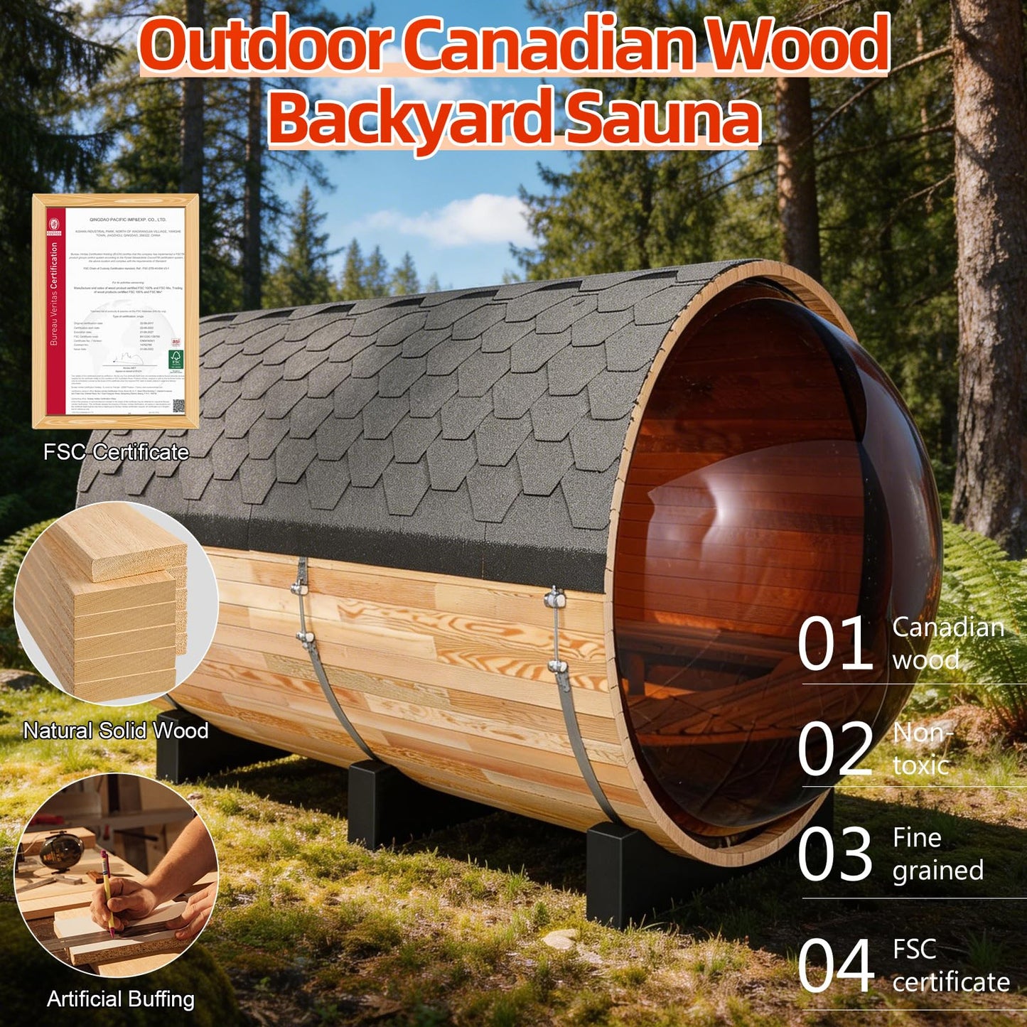 Outdoor Barrel Steam Sauna, 6-8 Person Canadian Hemlock Traditional Wooden Steam Saunas with 220V/6KW Toule Electric Stove, Tempered Glass Sauna Kits for Backyard & Garden (0-195℉)