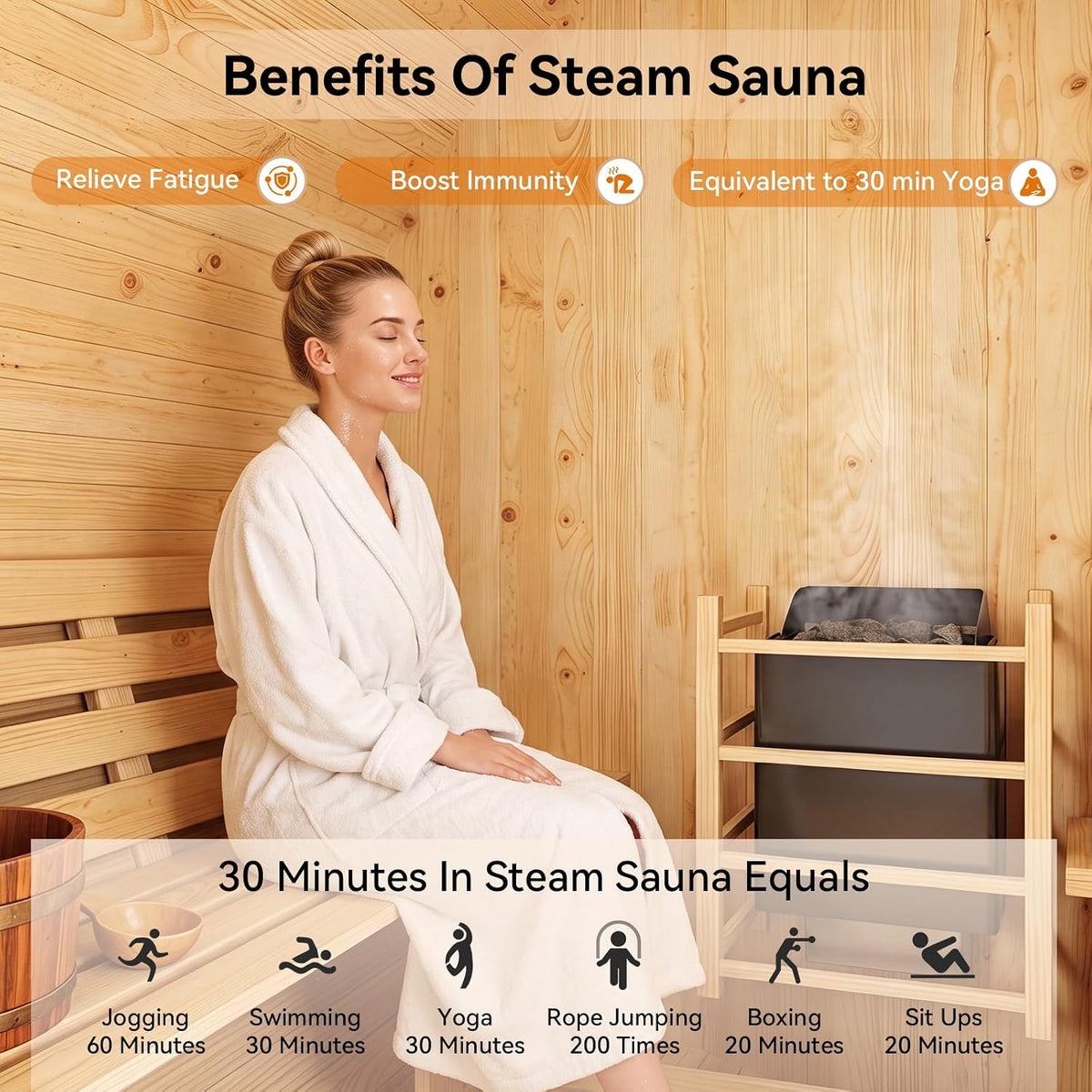 Outdoor Barrel Sauna, 4-6 Person Tradition Wood Dry＆Steam Sauna with Sauna Stone, 220V/6KW Electric Heater with Sauna Stone, Sauna Accessories, Waterproof Tarpaulin