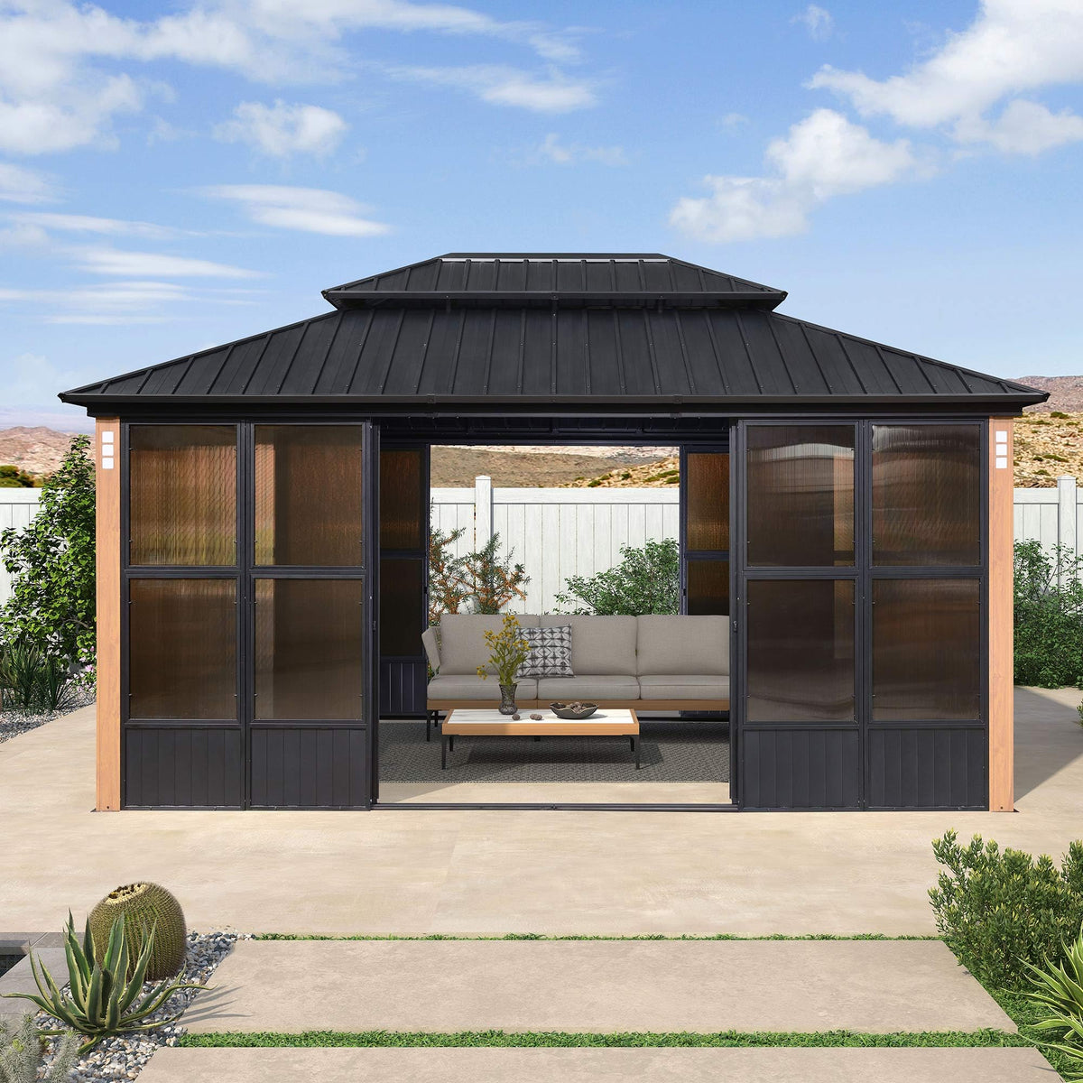 PURPLE LEAF Sunroom 12' x 14' Solarium Double Roof Gazebo, Sliding Doors