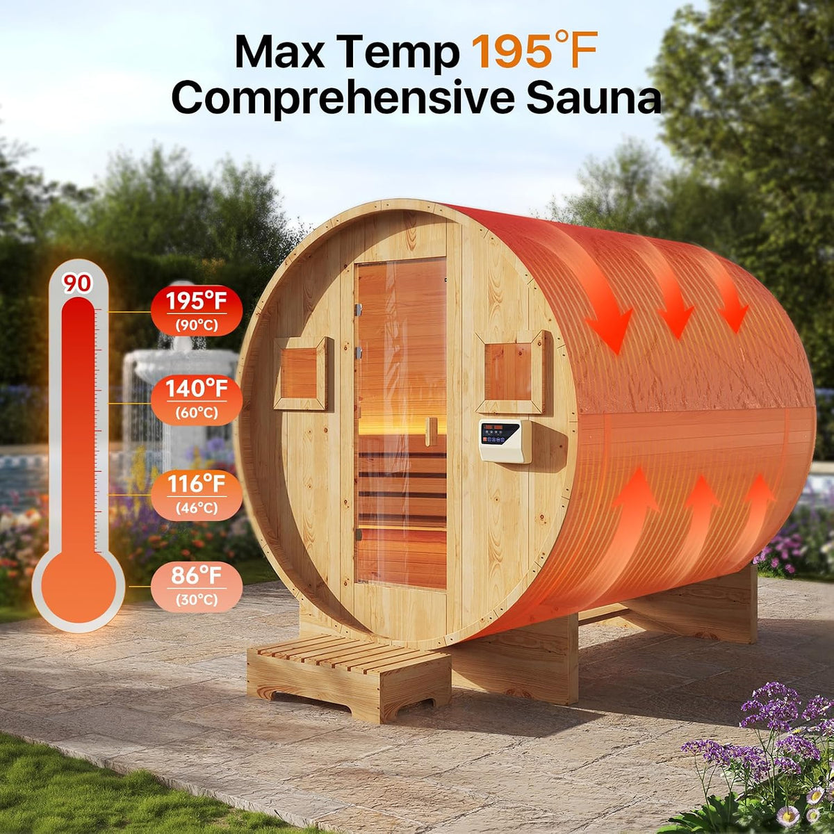 Outdoor Barrel Sauna, 4-6 Person Tradition Wood Dry＆Steam Sauna with Sauna Stone, 220V/6KW Electric Heater with Sauna Stone, Sauna Accessories, Waterproof Tarpaulin