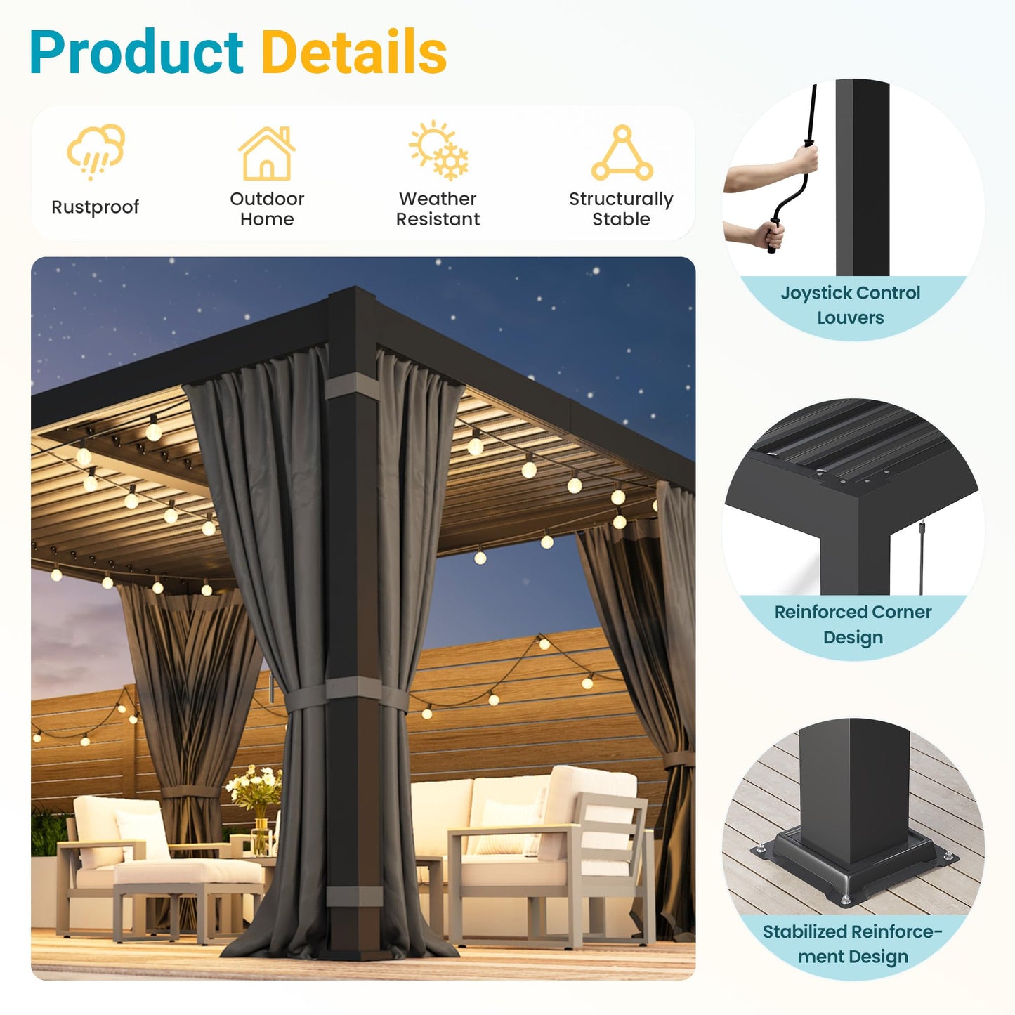 12' x 16' Pergola with Curtain & Adjustable Roof & Aluminum Frame for Patio | Louvered Pergola, Patio Pergola with Netting & Gutter System, Outdoor Pergola, Hardtop Gazebo for Deck, Yard, Dark Gray