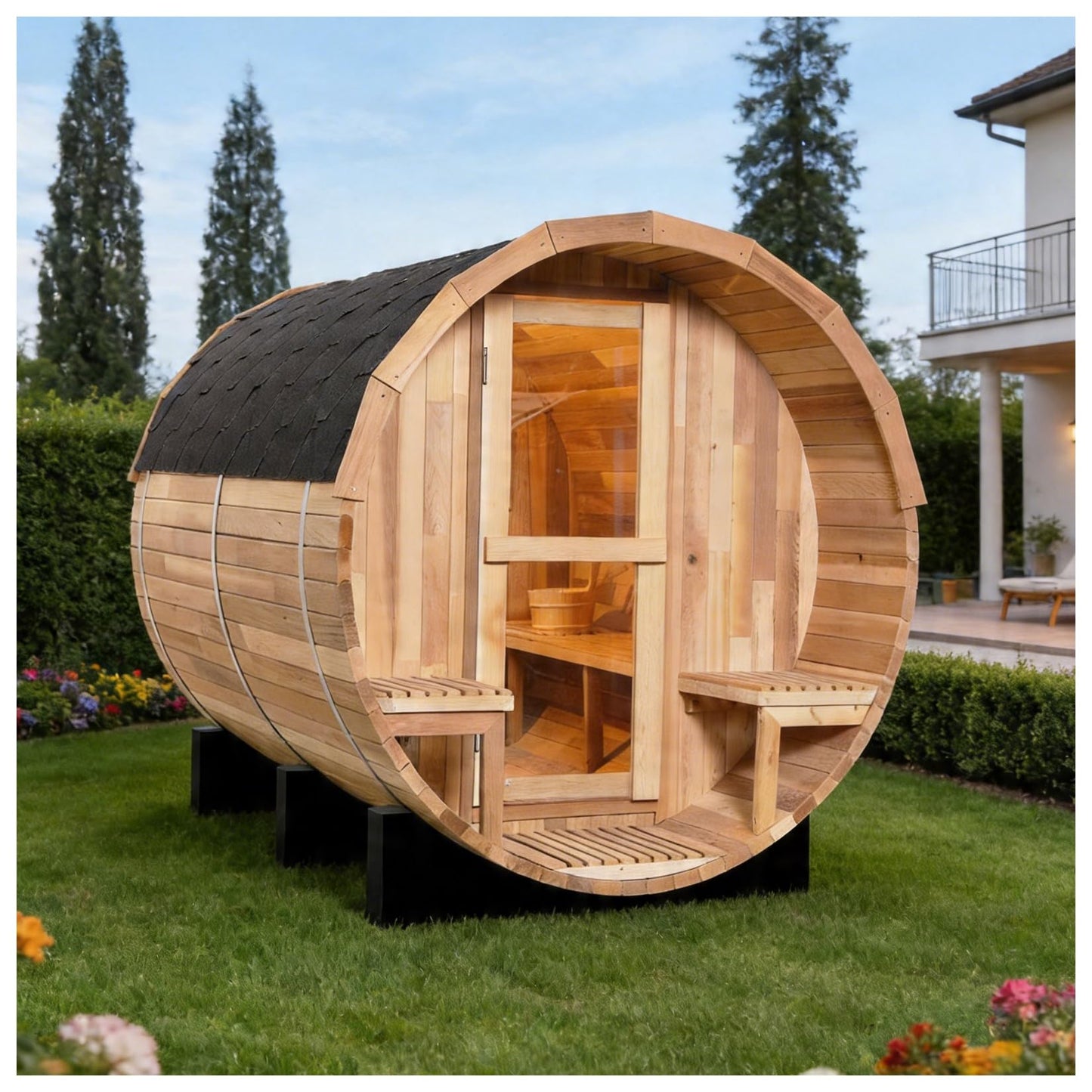 Outdoor Barrel Steam Sauna, 6-8 Person Canadian Hemlock Traditional Wooden Steam Saunas with 220V/6KW Toule Electric Stove, Tempered Glass Sauna Kits for Backyard & Garden (0-195℉)