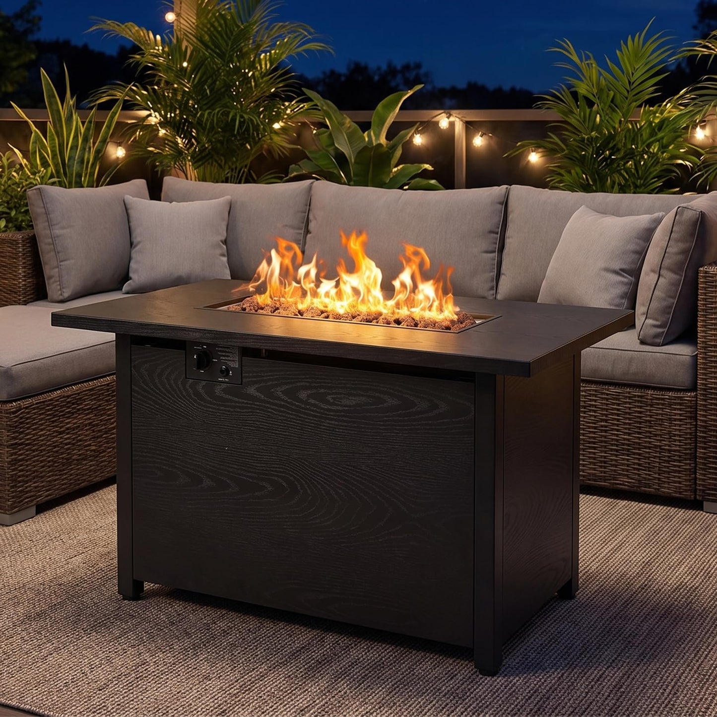 Fire Pit Table, 50,000 BTU Propane Fire Pit Tables for Outside Patio, Brown | 42 Inch Rectangular Fire Pit Table, 2-IN-1 Fire Table with Removable Lid and Blue Glass Stones, CSA Certification