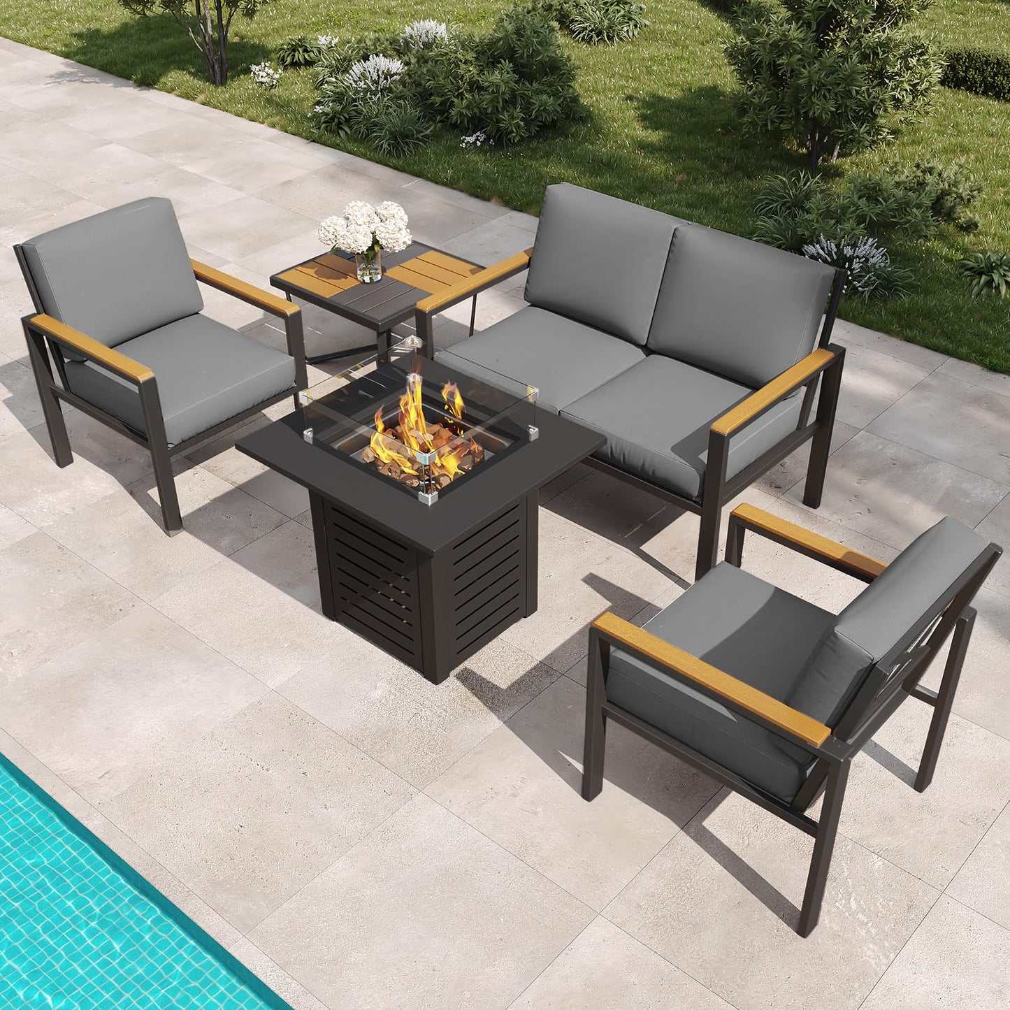 5-Piece Patio Furniture Set with 28” Propane Fire Pit Table, Heavy-Duty Metal Outdoor Conversation Set with Deep Cushions & Wood-Like Armrests for Patio, Porch, Backyard, Garden – Grey