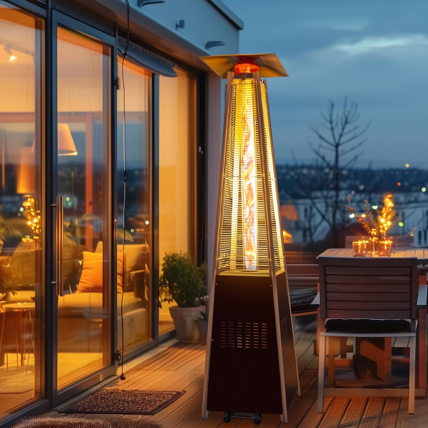 48,000 BTU Flame Pyramid Pool Heater With Cover, Triple Safety Protection Portable Patio Heater with Patio Cover, Warm Glass Tube with Durable Wheels-Black