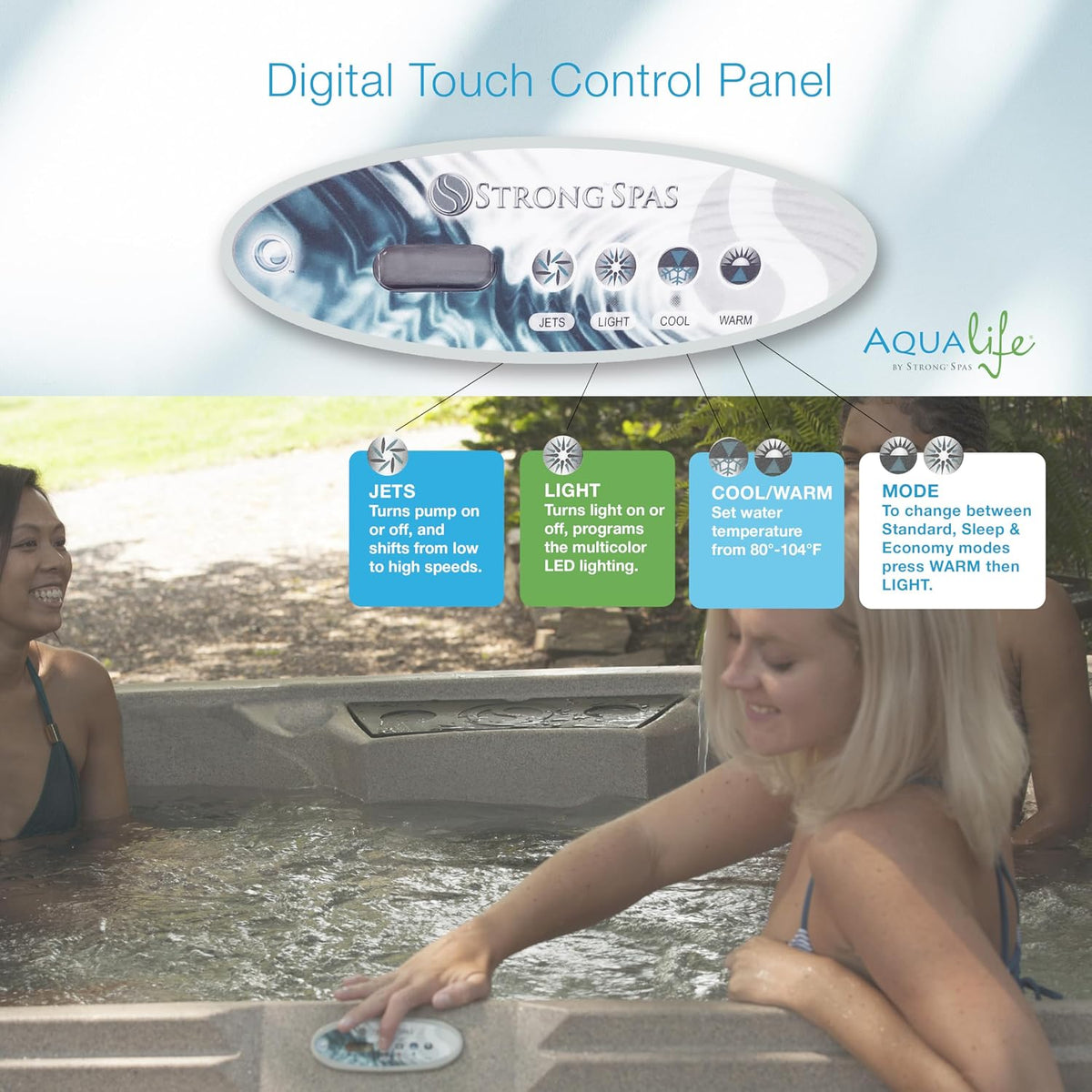 Ariana Outdoor Hot Tub, 6 Person Therapeutic Spa, 30 Jets, Underwater LED Lighting System, Insulated Spa Cover, Aqualife by Strong Spas