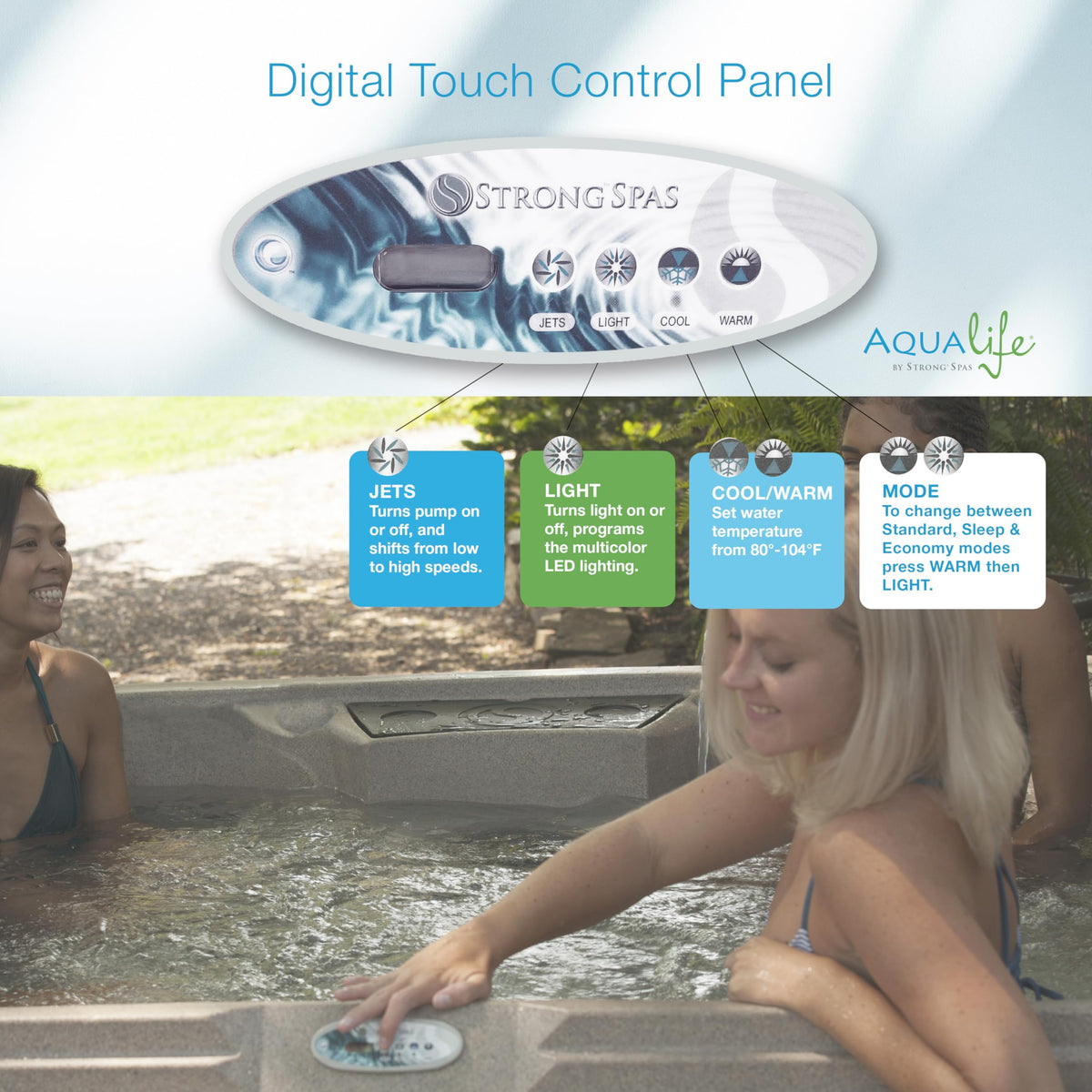 Ariana Outdoor Hot Tub, 6 Person Therapeutic Spa, 30 Jets, Underwater LED Lighting System, Insulated Spa Cover, Aqualife by Strong Spas