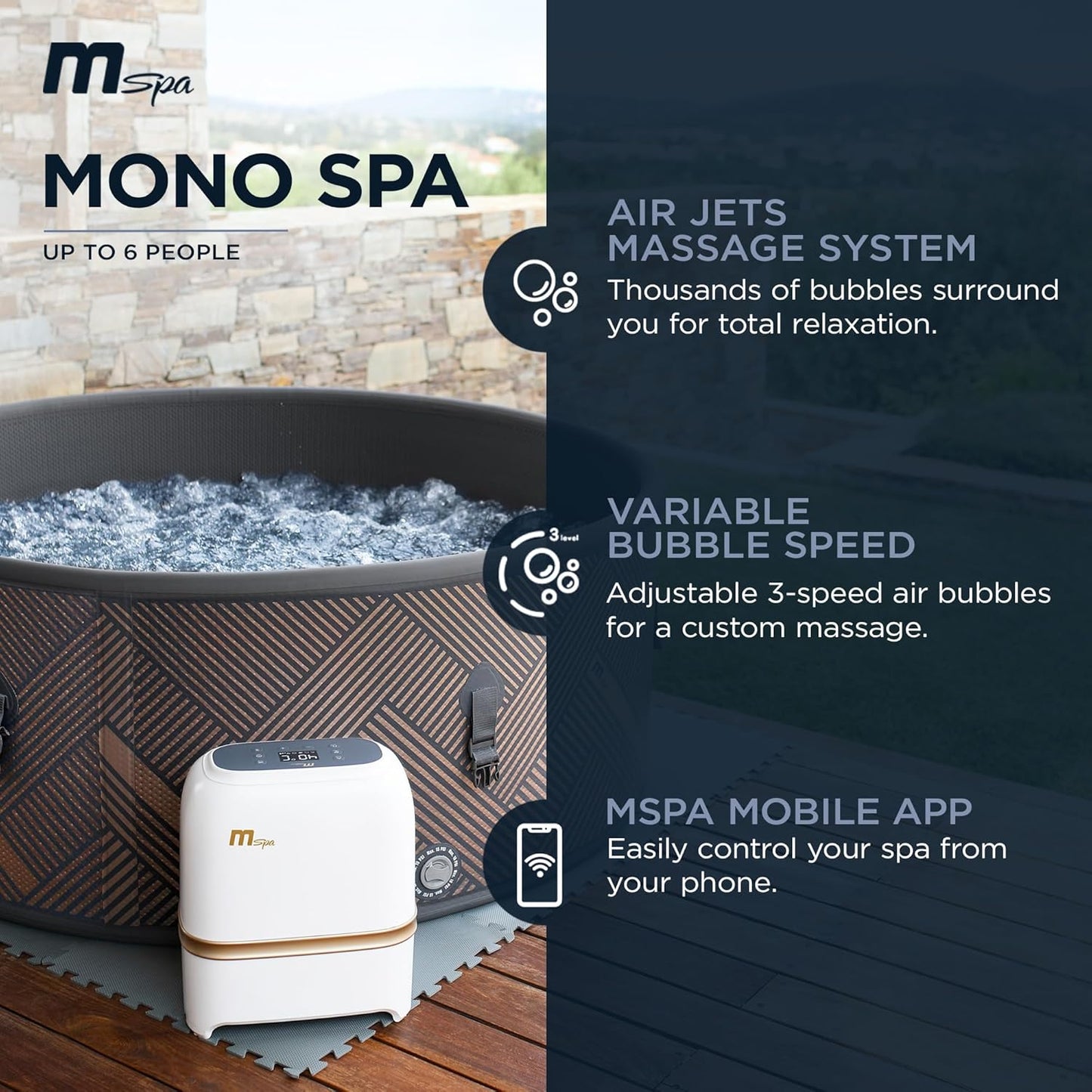 MSpa 6-Person Inflatable Hot Tub, Round Bubble Massage Spa, Champagne Gold | 138 Air Jets, Heats to 104F, 2200W PTC Heater, Drop-Stitch Walls, WiFi App Control, Auto-Filtration, All-in-One Control Box