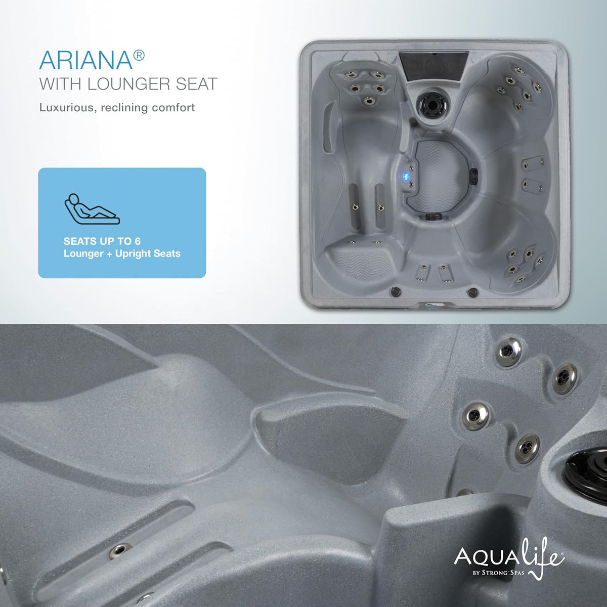 Ariana Outdoor Hot Tub, 6 Person Therapeutic Spa, 30 Jets, Underwater LED Lighting System, Insulated Spa Cover, Aqualife by Strong Spas