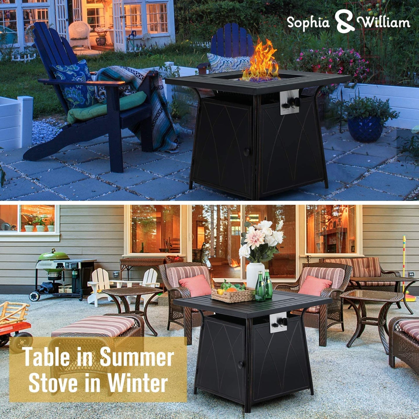 Sophia & William 56 Inch Gas Fire Pit Table,Rectangular Propane Fireplace | Outdoor Rattan Propane Fire Table with Fire Glass, Lid, 50,000 BTU Firepits for Outside Patio