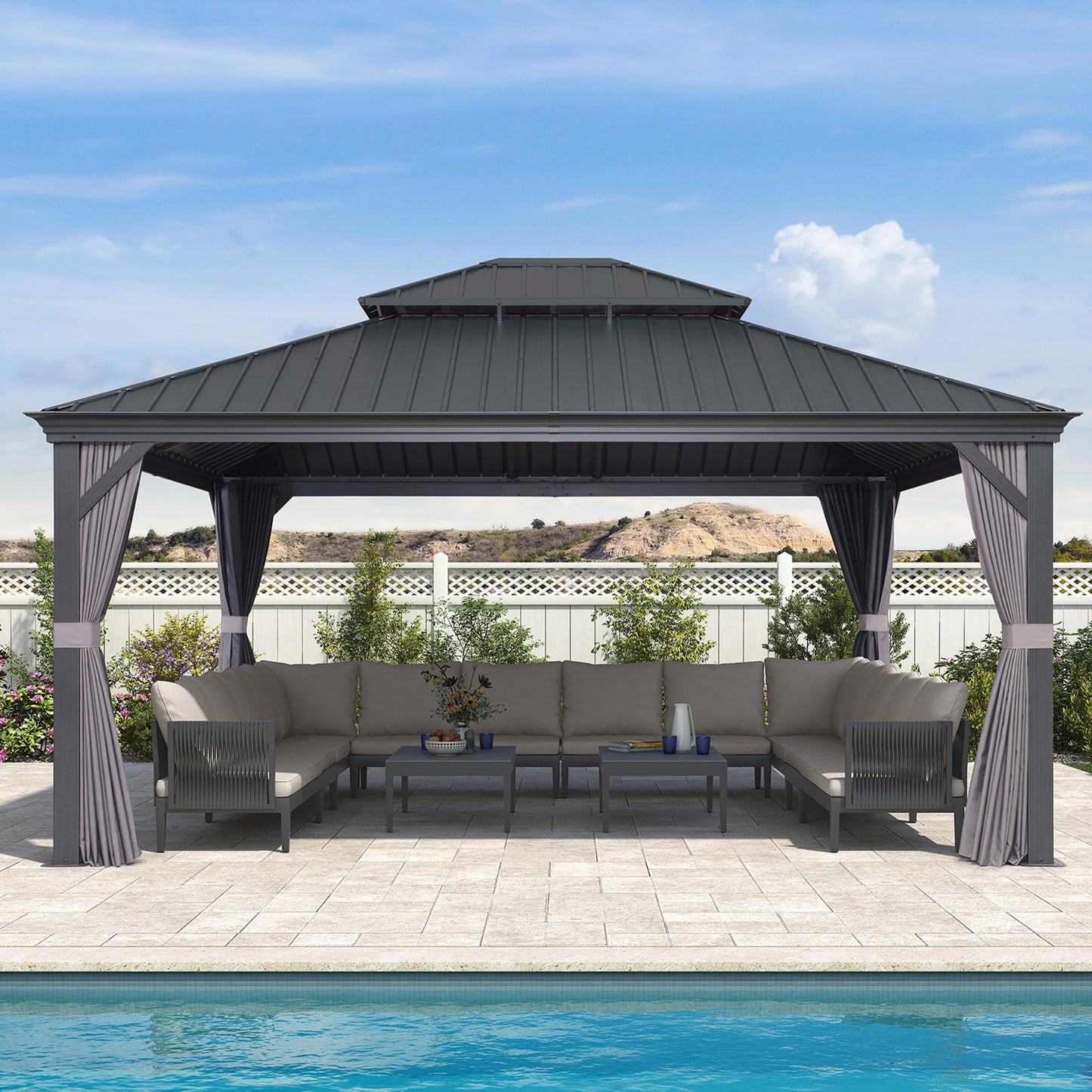 PURPLE LEAF Large Gazebo 12' X 24' with Galvanized Steel, Gray | 4.7" Thick Post, Built in Drainage, Windproof Cool Breeze, Snowproof & Rustproof, 260 GSM Textilene Netting, Fit Any Yard