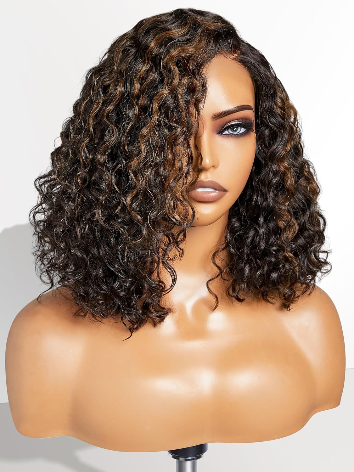 LUVME HAIR 12" Curly Bob Glueless with Blonde Highlights Wigs Human Hair | Without Spray Wigs Pre Plucked Pre Cut Undetectable HD Lace No-Glue Need Protective Wig Short Ready to Go Wig 180 Density
