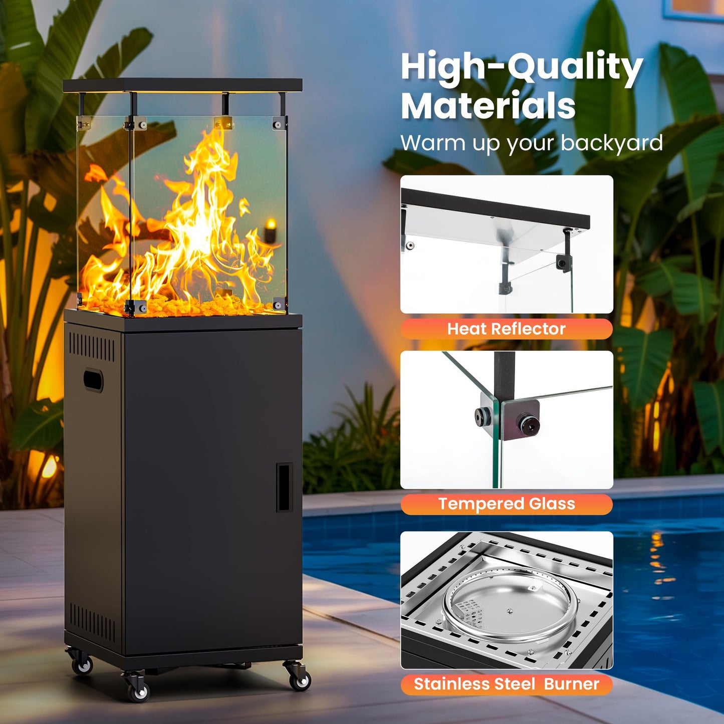 48,000 BTU Flame Pyramid Pool Heater With Cover, Triple Safety Protection Portable Patio Heater with Patio Cover, Warm Glass Tube with Durable Wheels-Black