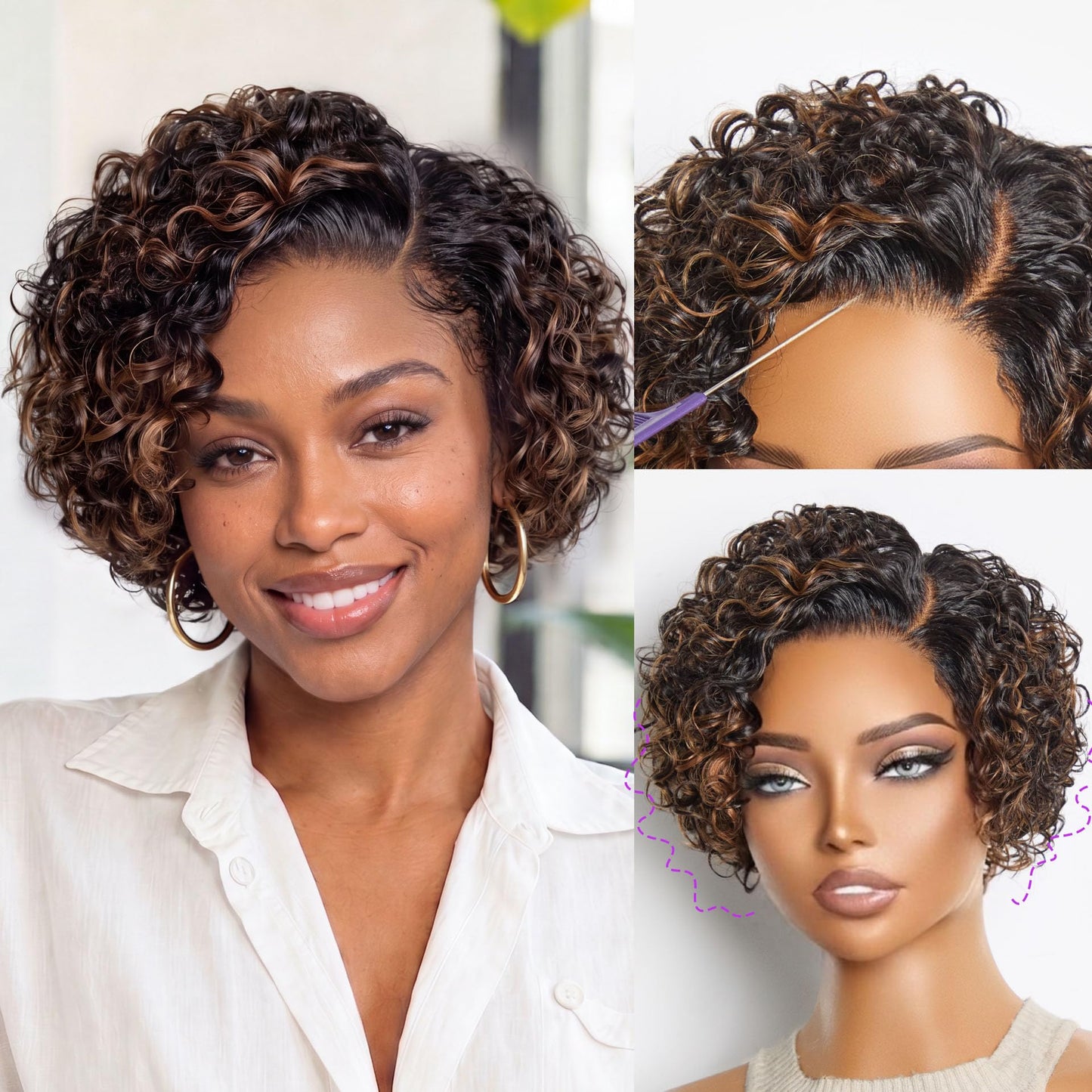 LUVME HAIR 12" Curly Bob Glueless with Blonde Highlights Wigs Human Hair | Without Spray Wigs Pre Plucked Pre Cut Undetectable HD Lace No-Glue Need Protective Wig Short Ready to Go Wig 180 Density