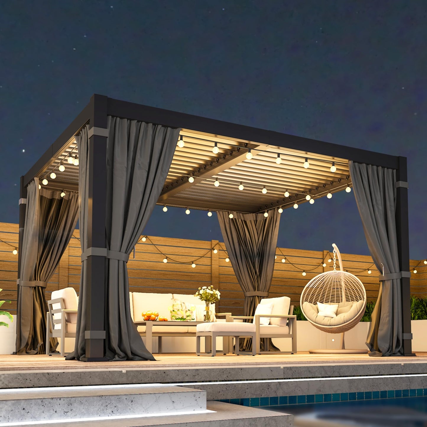 12' x 16' Pergola with Curtain & Adjustable Roof & Aluminum Frame for Patio | Louvered Pergola, Patio Pergola with Netting & Gutter System, Outdoor Pergola, Hardtop Gazebo for Deck, Yard, Dark Gray