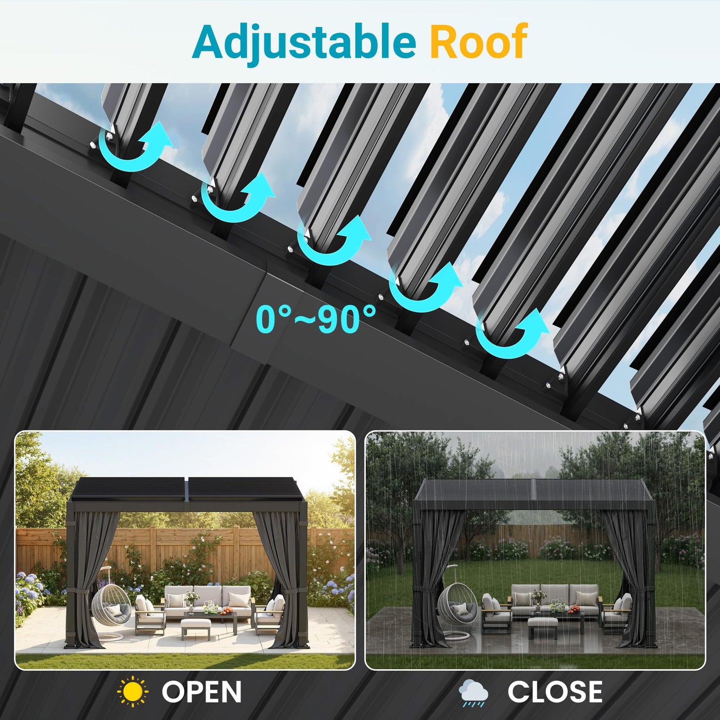 12' x 16' Pergola with Curtain & Adjustable Roof & Aluminum Frame for Patio | Louvered Pergola, Patio Pergola with Netting & Gutter System, Outdoor Pergola, Hardtop Gazebo for Deck, Yard, Dark Gray