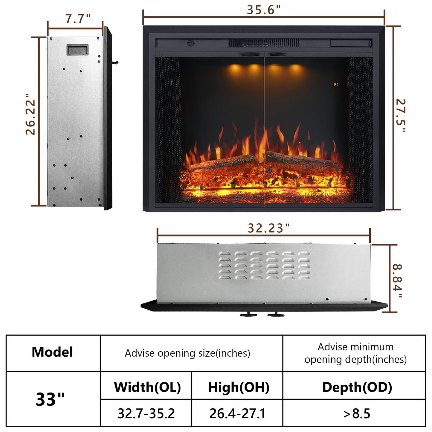 Valuxhome 40” W Electric Fireplace Insert with Log Speaker for Crackling Sound, 750W(Low)/1500W(high) for Heating, Independent Function for Heating and Changing Colors, Overheating Protection