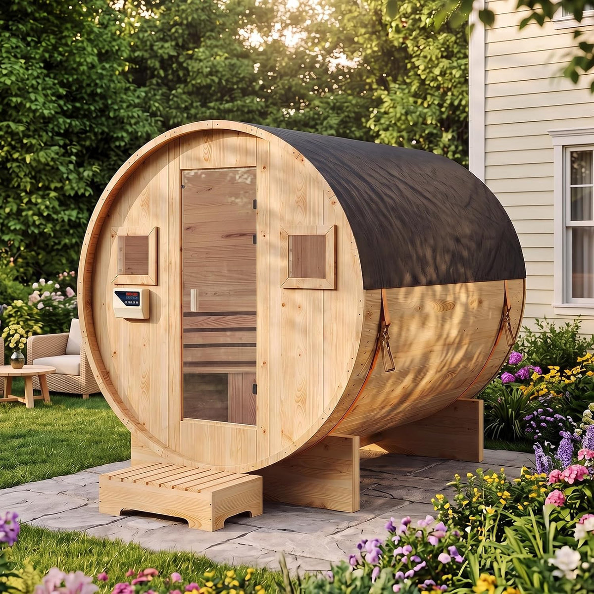 Outdoor Barrel Sauna, 4-6 Person Tradition Wood Dry＆Steam Sauna with Sauna Stone, 220V/6KW Electric Heater with Sauna Stone, Sauna Accessories, Waterproof Tarpaulin