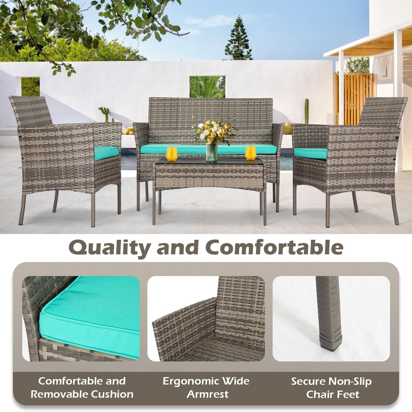 FDW 4-Piece Patio Furniture Set | Black | Outdoor Wicker Furniture | with Coffee Table | Modern Rattan Chairs Conversation Set | Outdoor Seating | Weather-Resistant | for Porch, Garden, Lawn