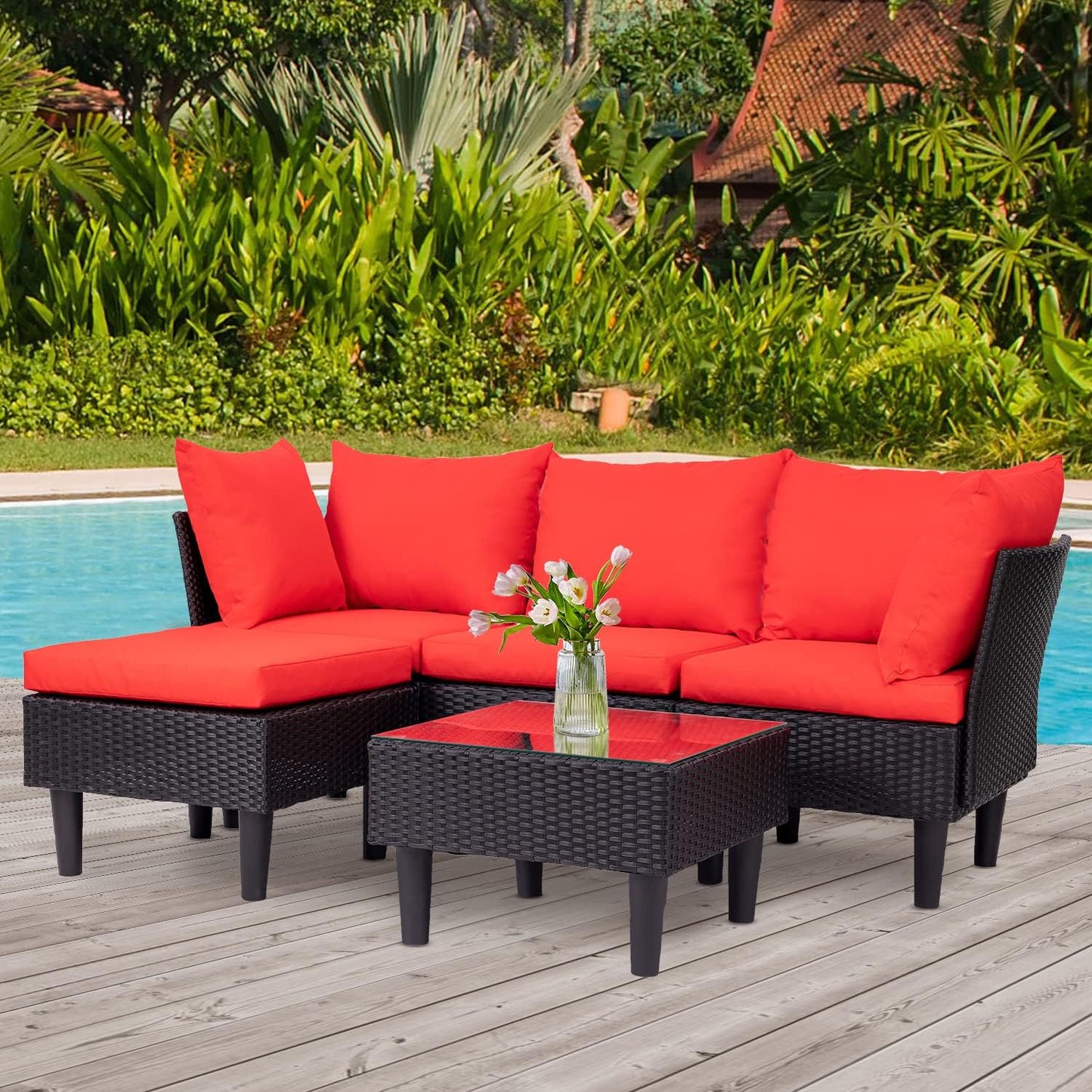 FDW 4-Piece Patio Furniture Set | Black | Outdoor Wicker Furniture | with Coffee Table | Modern Rattan Chairs Conversation Set | Outdoor Seating | Weather-Resistant | for Porch, Garden, Lawn