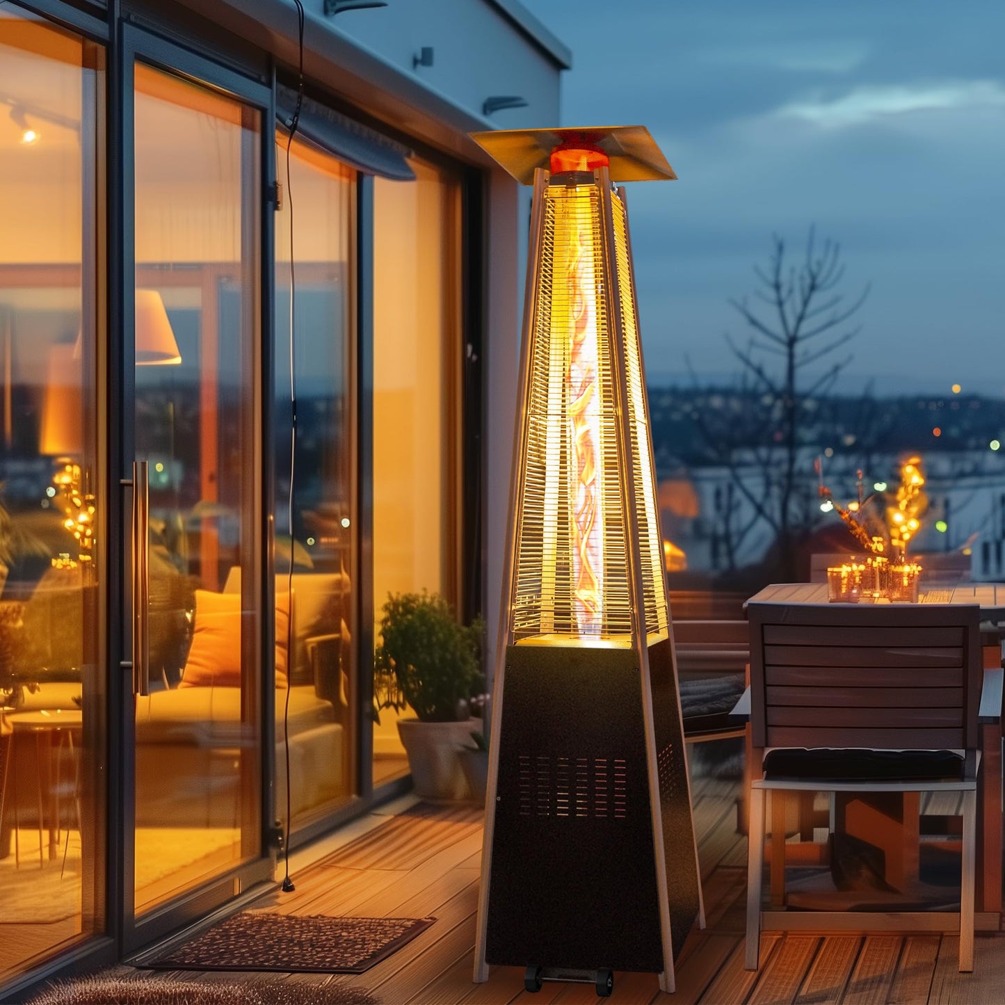 48,000 BTU Flame Pyramid Pool Heater With Cover, Triple Safety Protection Portable Patio Heater with Patio Cover, Warm Glass Tube with Durable Wheels-Black