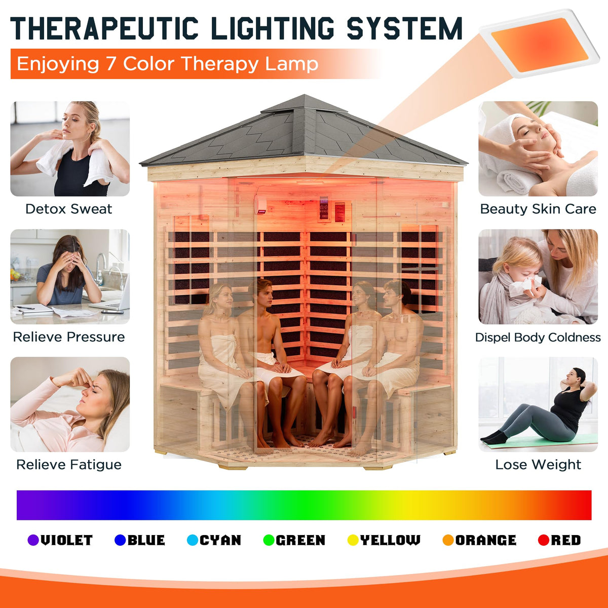 Albott 4 Person Infrared Sauna with 7-Color Light Therapy, Low EMF 2145W