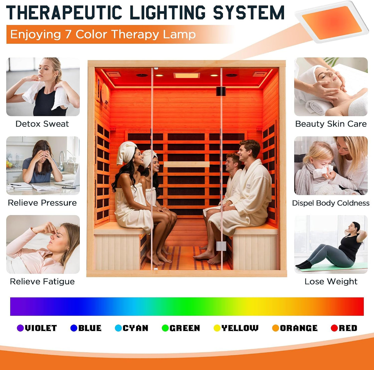 Albott 4 Person Infrared Sauna with 7-Color Light Therapy, Low EMF 2145W