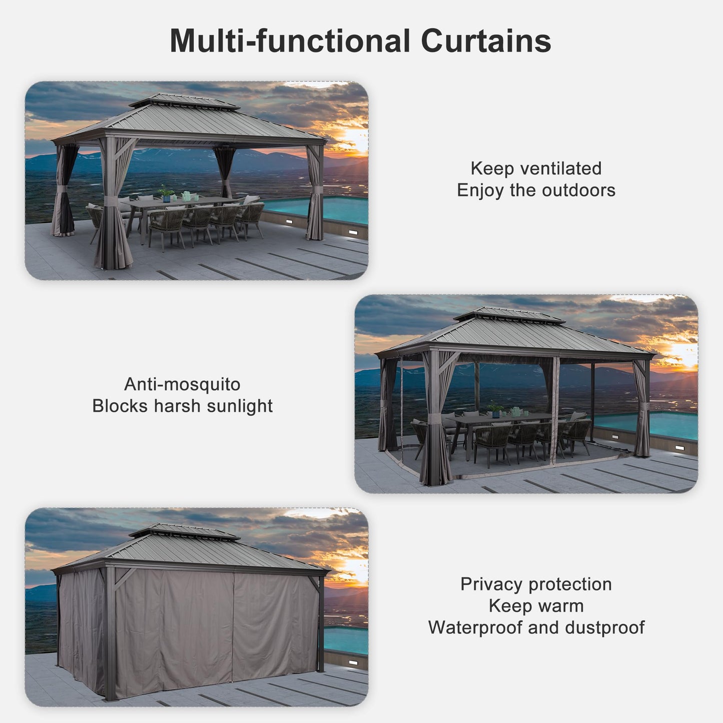 PURPLE LEAF Large Gazebo 12' X 24' with Galvanized Steel, Gray | 4.7" Thick Post, Built in Drainage, Windproof Cool Breeze, Snowproof & Rustproof, 260 GSM Textilene Netting, Fit Any Yard