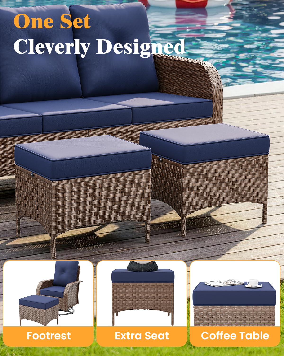 6 Pieces Outdoor Patio Furniture Set, Wicker Swivel Rocker Chairs Sets | Luxury Weather-Resistant High Back Outdoor Sectional Set for Large Deck Yard Poolside Brown Rattan Blue Cushions