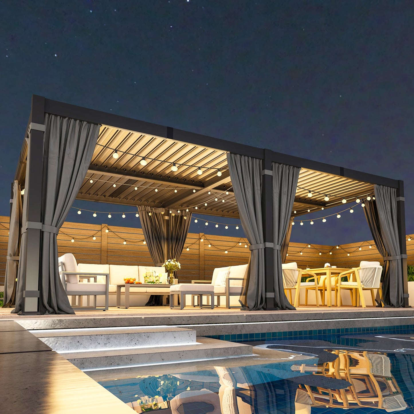12' x 16' Pergola with Curtain & Adjustable Roof & Aluminum Frame for Patio | Louvered Pergola, Patio Pergola with Netting & Gutter System, Outdoor Pergola, Hardtop Gazebo for Deck, Yard, Dark Gray