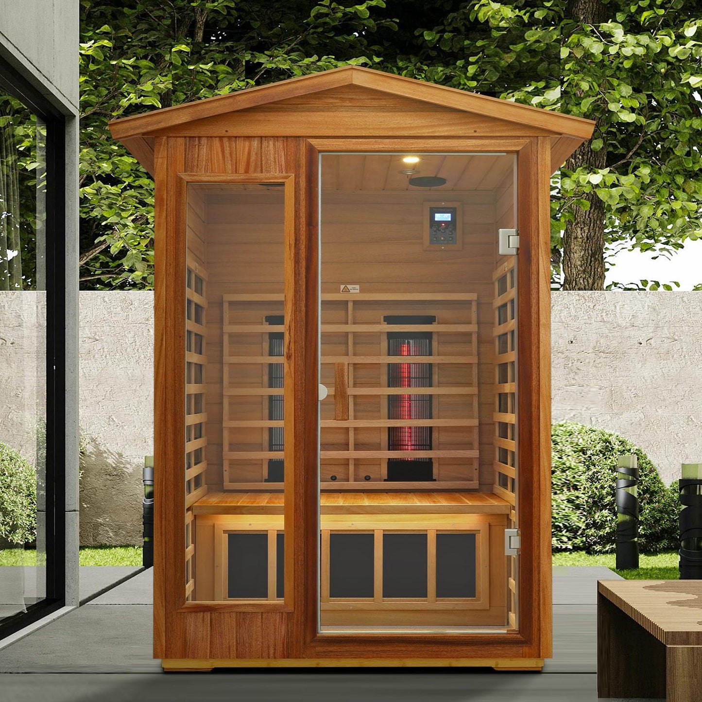 3 Person Infrared Sauna Ceramic Infrared Sauna w/Red Light Therapy | Far & Near Infrared Sauna Indoor, Low EMF Infrared Saunas for Home, Hemlock Deluxe Glass Home Sauna with Granite Backdrop