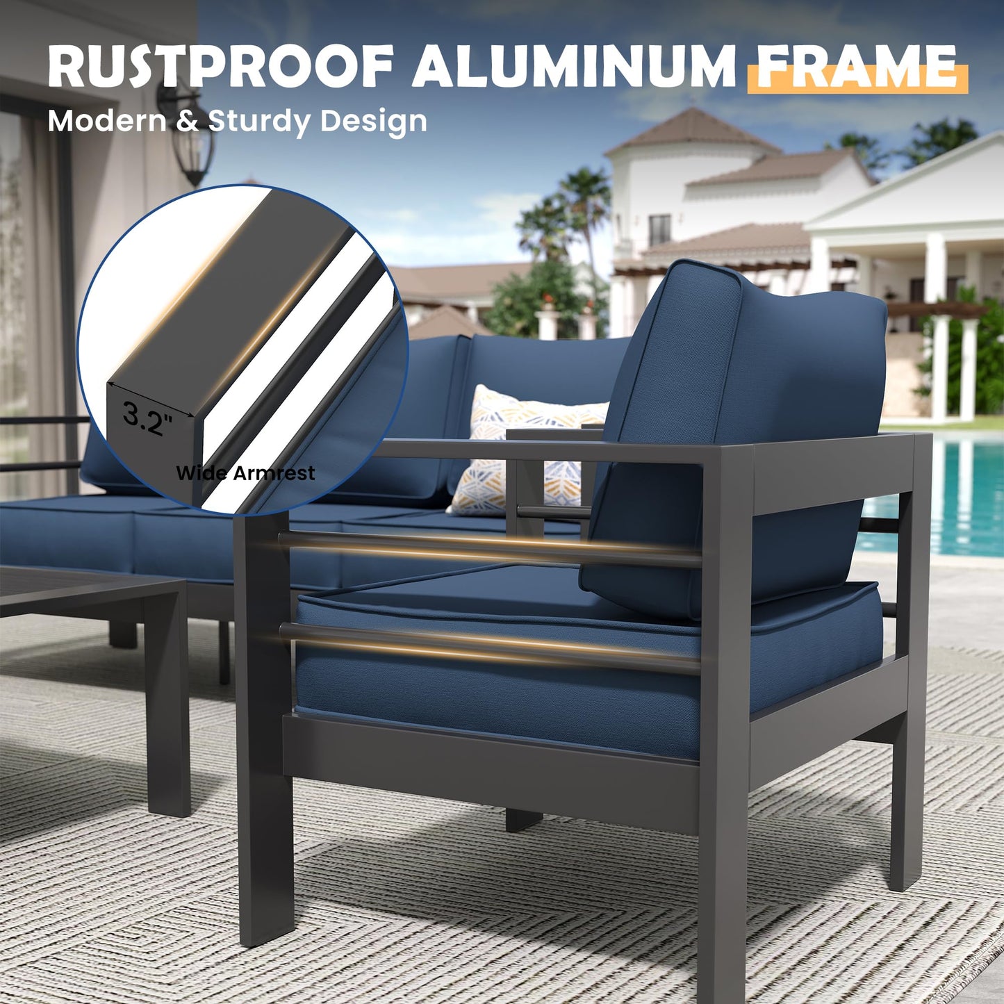 Amopatio Aluminum Patio Furniture Set, 6 Pieces Modern Outdoor Furniture | Outdoor Sectional with Coffee Table, Included Waterproof Covers, for Balcony, Garden, White&Blue