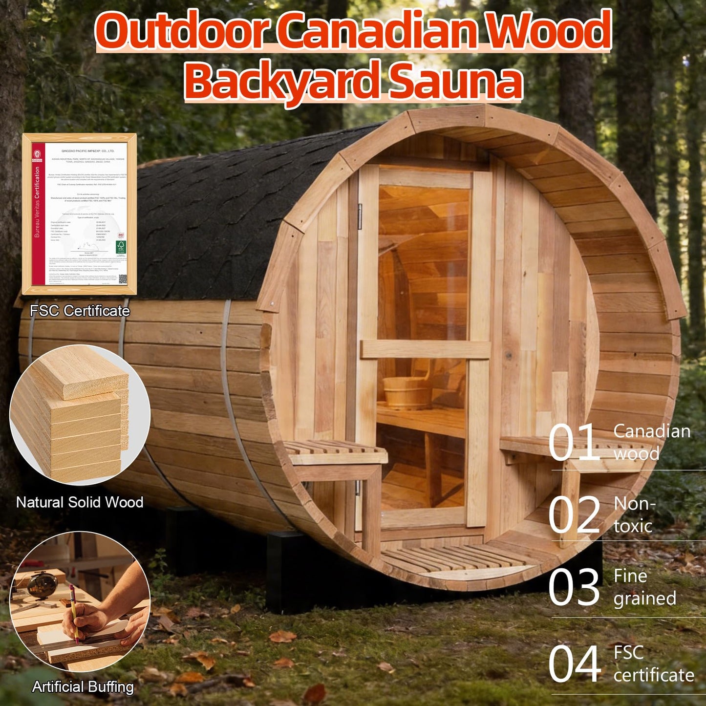 Outdoor Barrel Steam Sauna, 6-8 Person Canadian Hemlock Traditional Wooden Steam Saunas with 220V/6KW Toule Electric Stove, Tempered Glass Sauna Kits for Backyard & Garden (0-195℉)