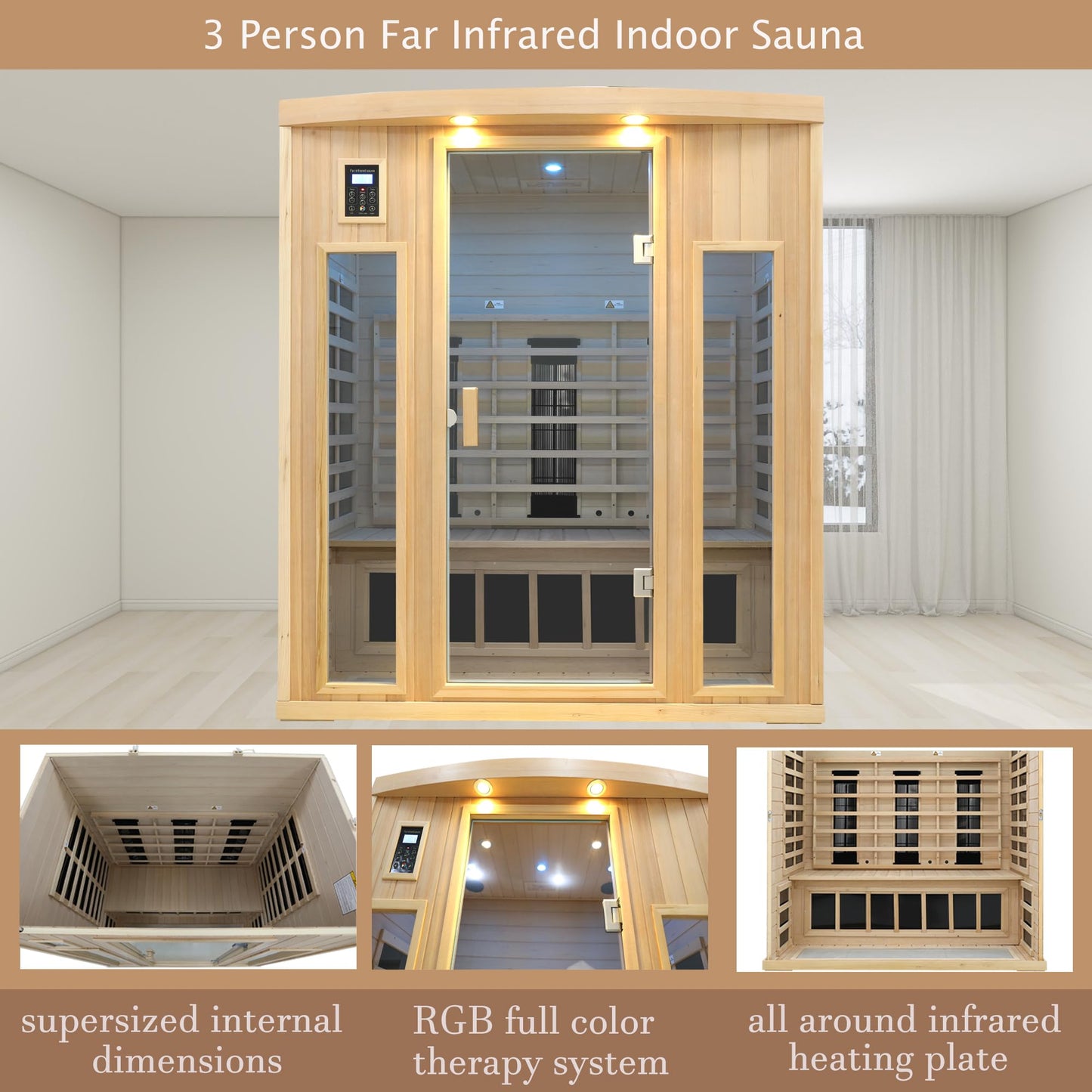 3 Person Infrared Sauna Ceramic Infrared Sauna w/Red Light Therapy | Far & Near Infrared Sauna Indoor, Low EMF Infrared Saunas for Home, Hemlock Deluxe Glass Home Sauna with Granite Backdrop