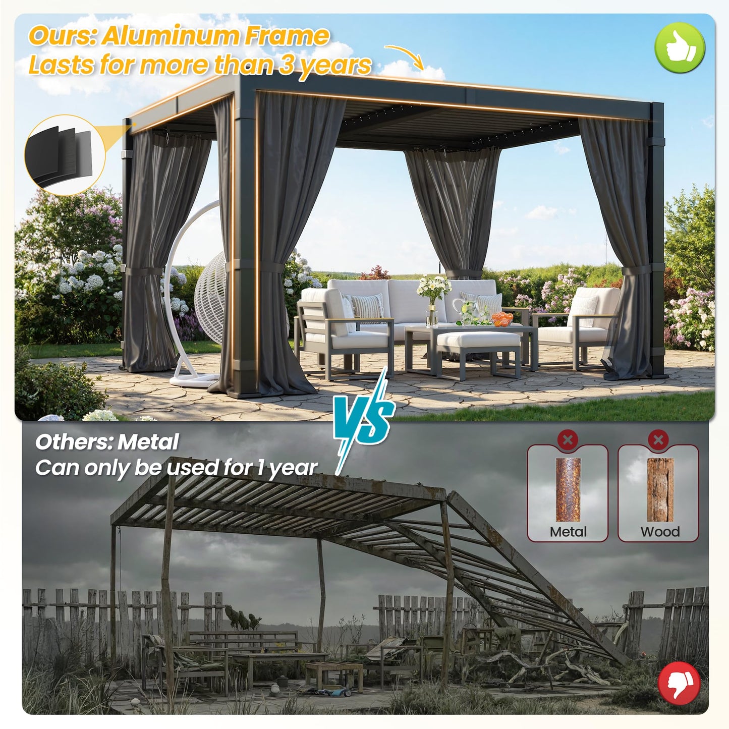 12' x 16' Pergola with Curtain & Adjustable Roof & Aluminum Frame for Patio | Louvered Pergola, Patio Pergola with Netting & Gutter System, Outdoor Pergola, Hardtop Gazebo for Deck, Yard, Dark Gray
