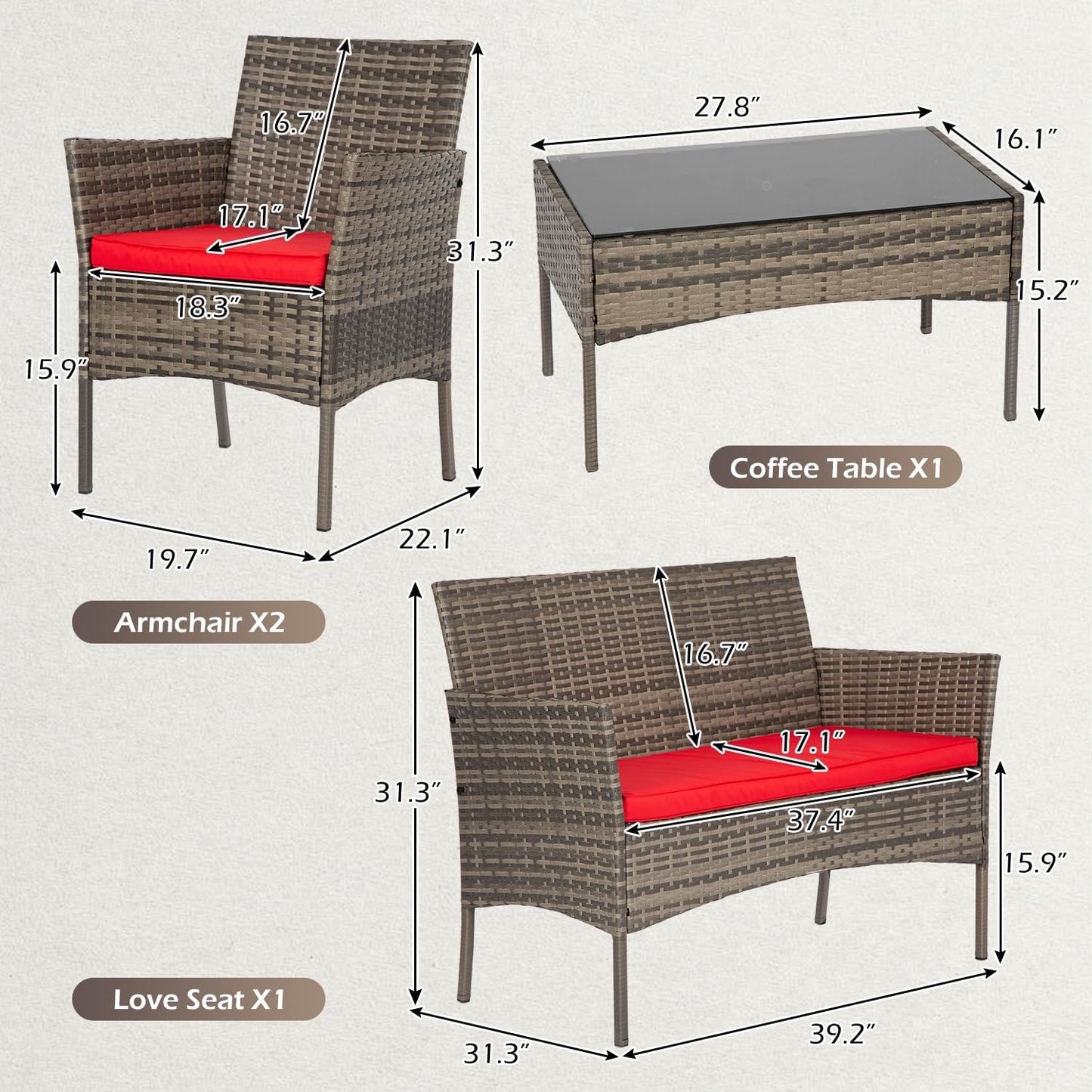 FDW 4-Piece Patio Furniture Set | Black | Outdoor Wicker Furniture | with Coffee Table | Modern Rattan Chairs Conversation Set | Outdoor Seating | Weather-Resistant | for Porch, Garden, Lawn