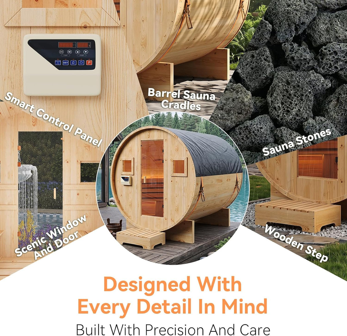Outdoor Barrel Sauna, 4-6 Person Tradition Wood Dry＆Steam Sauna with Sauna Stone, 220V/6KW Electric Heater with Sauna Stone, Sauna Accessories, Waterproof Tarpaulin