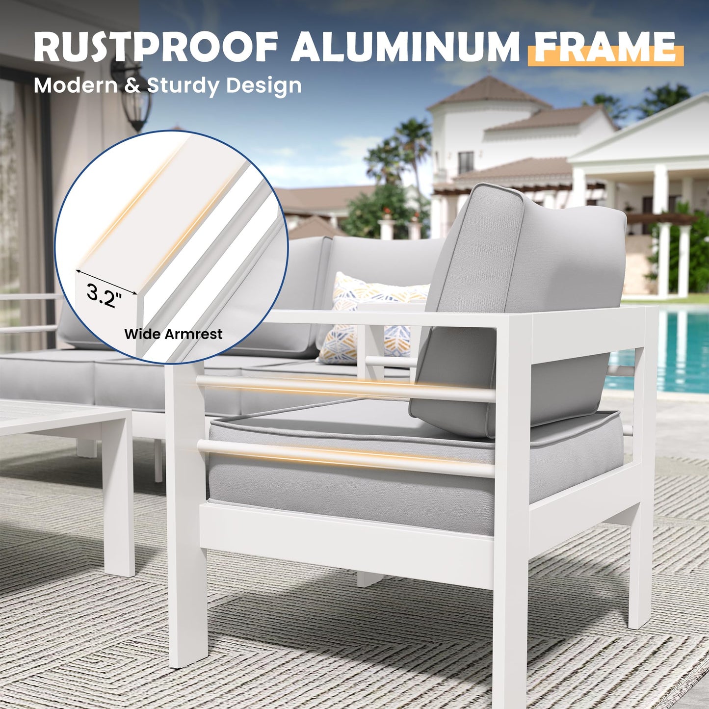 Amopatio Aluminum Patio Furniture Set, 6 Pieces Modern Outdoor Furniture | Outdoor Sectional with Coffee Table, Included Waterproof Covers, for Balcony, Garden, White&Blue