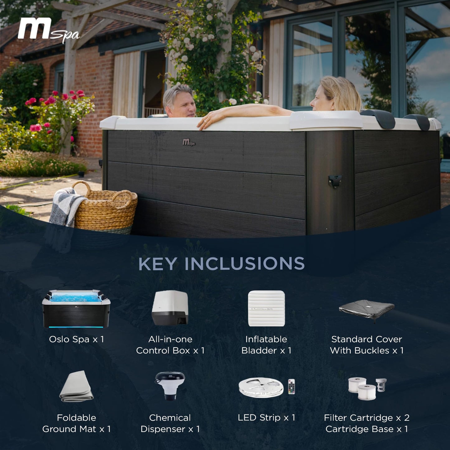 MSpa Square Hydro Jets Bubble Spa with Hard Exterior & Soft Lining Interior | 4 to 6 Person Hot Tub with 2 Covers (1 Standard and 1 Energy-Efficient Cover), Oslo