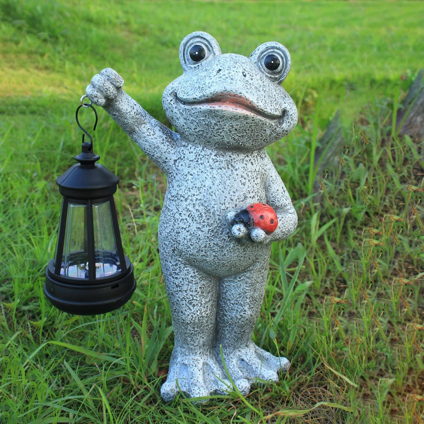 Solar Frog Garden Statue, Resin Figurine with Ladybug & Hanging Solar Lantern Outdoor Decor