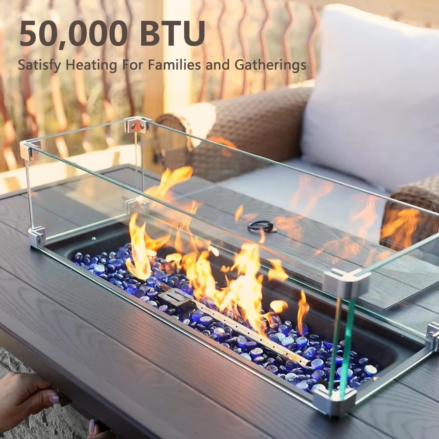 43 Inch Outdoor Firepit Table 50,000 BTU Propane Gas Fire Pit | Rectangle Stone Fire Table with Glass Wind Guard, Rain Cover, Fire Stones and Removable Lid, CSA Certified (Brown)