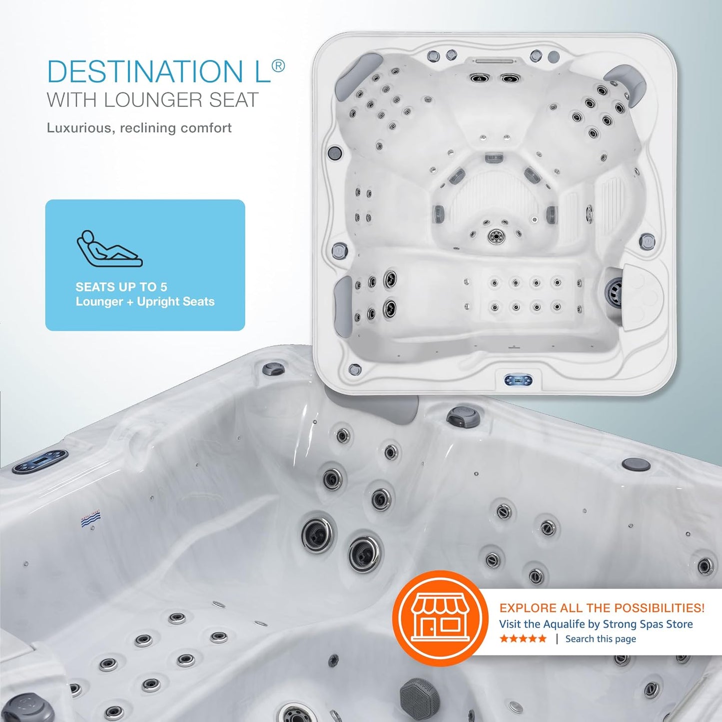 Destination Outdoor Hot Tub, 5-Person 59-Jet 80-Port 4-Pump Lounger Spa with Waterfall Arch and Bluetooth Stereo by Aqualife by Strong Spas