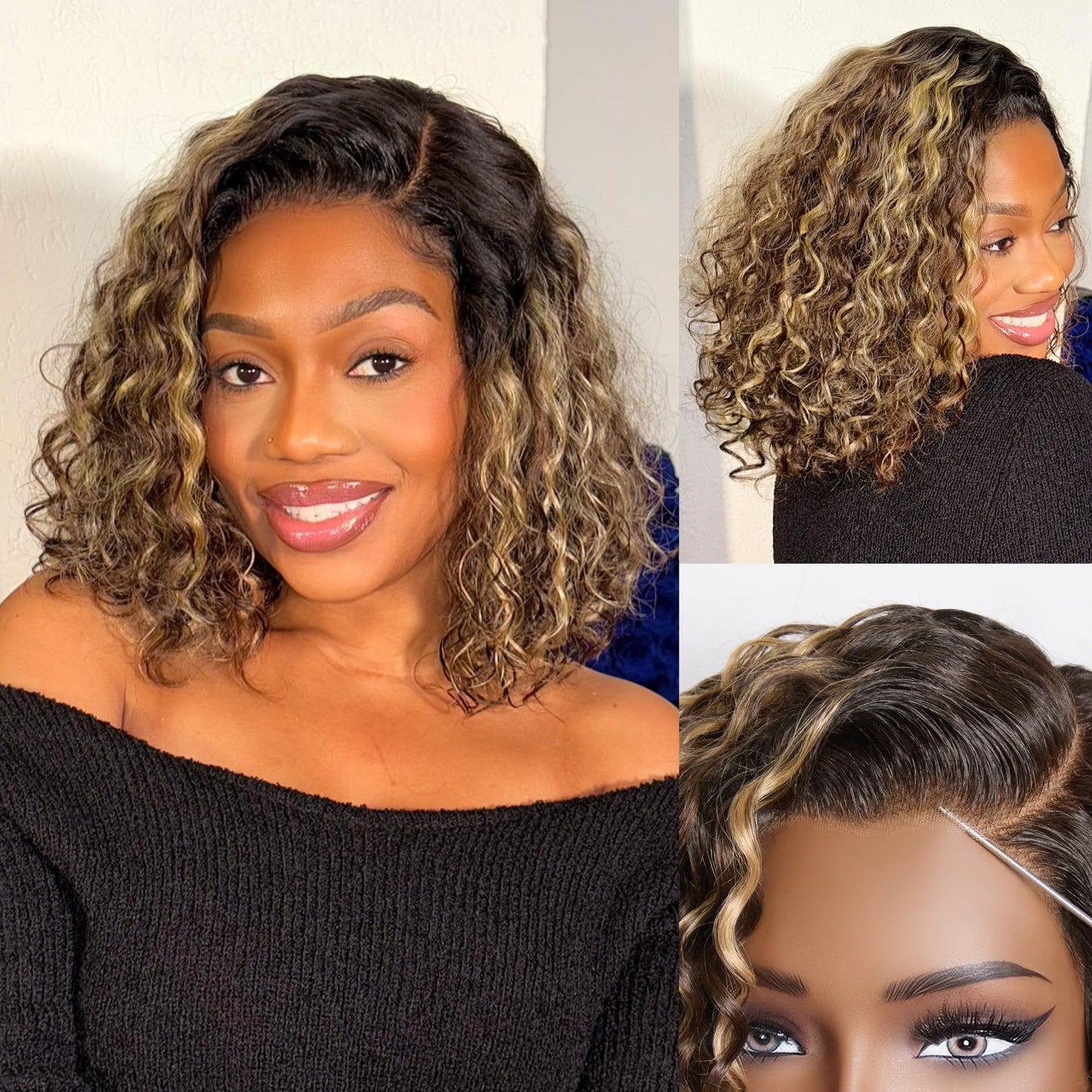 LUVME HAIR 12" Curly Bob Glueless with Blonde Highlights Wigs Human Hair | Without Spray Wigs Pre Plucked Pre Cut Undetectable HD Lace No-Glue Need Protective Wig Short Ready to Go Wig 180 Density
