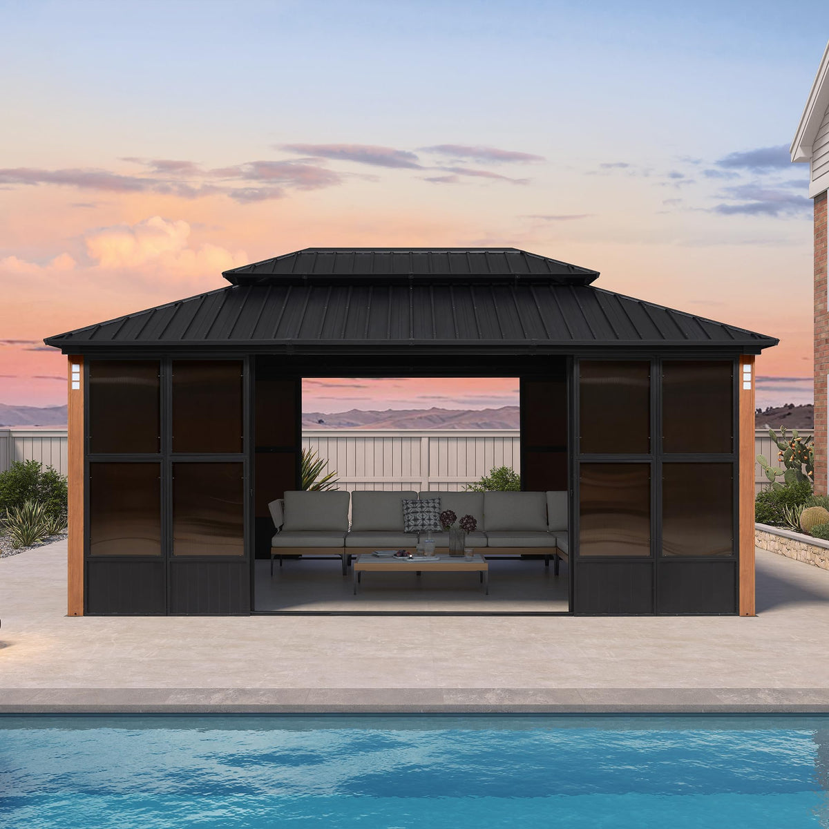 PURPLE LEAF Sunroom 12' x 14' Solarium Double Roof Gazebo, Sliding Doors